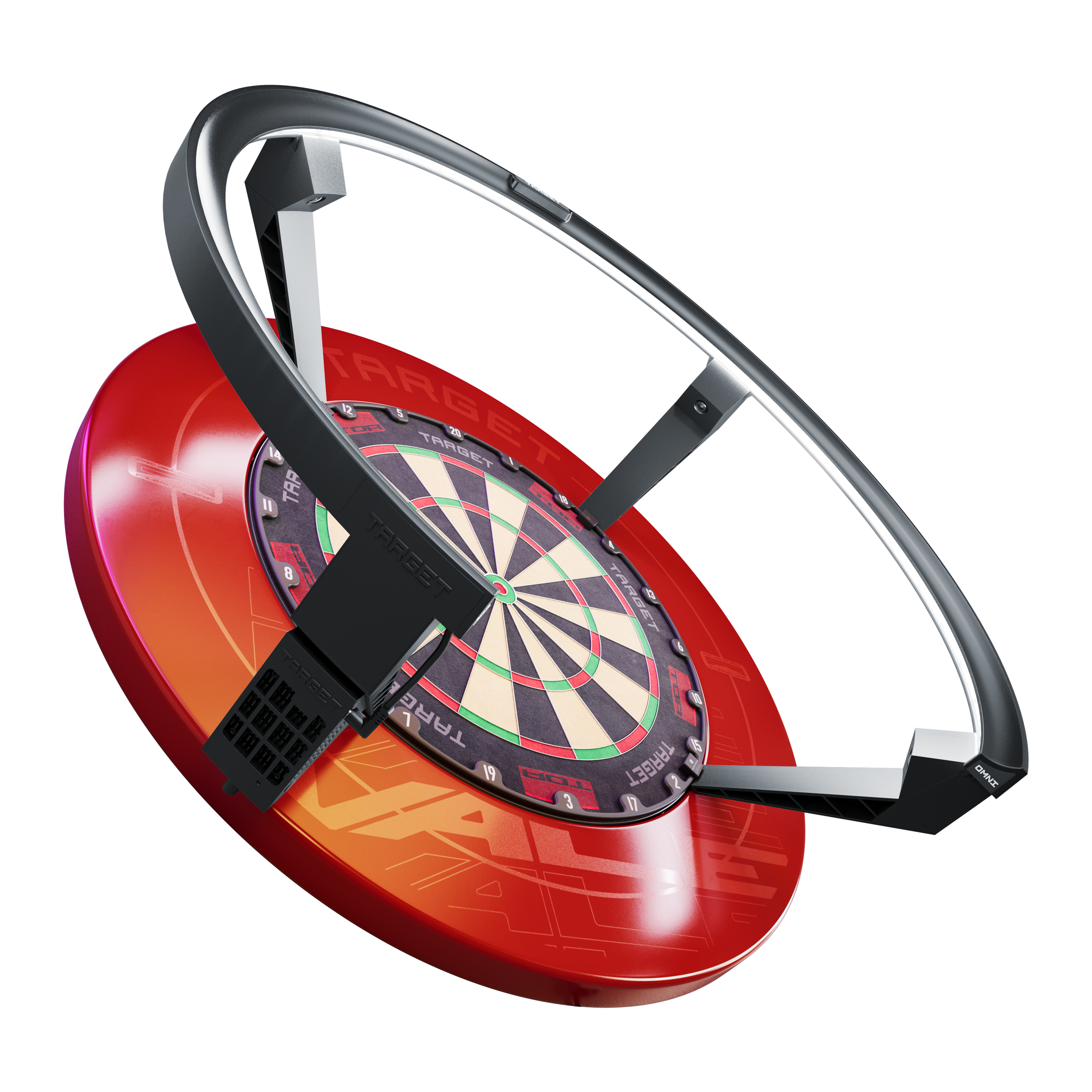 Sistema de puntuación automática Target OMNI Das Bild zeigt das Produkt "Target OMNI Auto-Scoring-System", ein innovatives automatisches Punktesystem für Dartscheiben. Es besteht aus einem roten Sockel, einer Dartscheibe und einem großen schwarzen Ring, der über der Scheibe angebracht ist.
