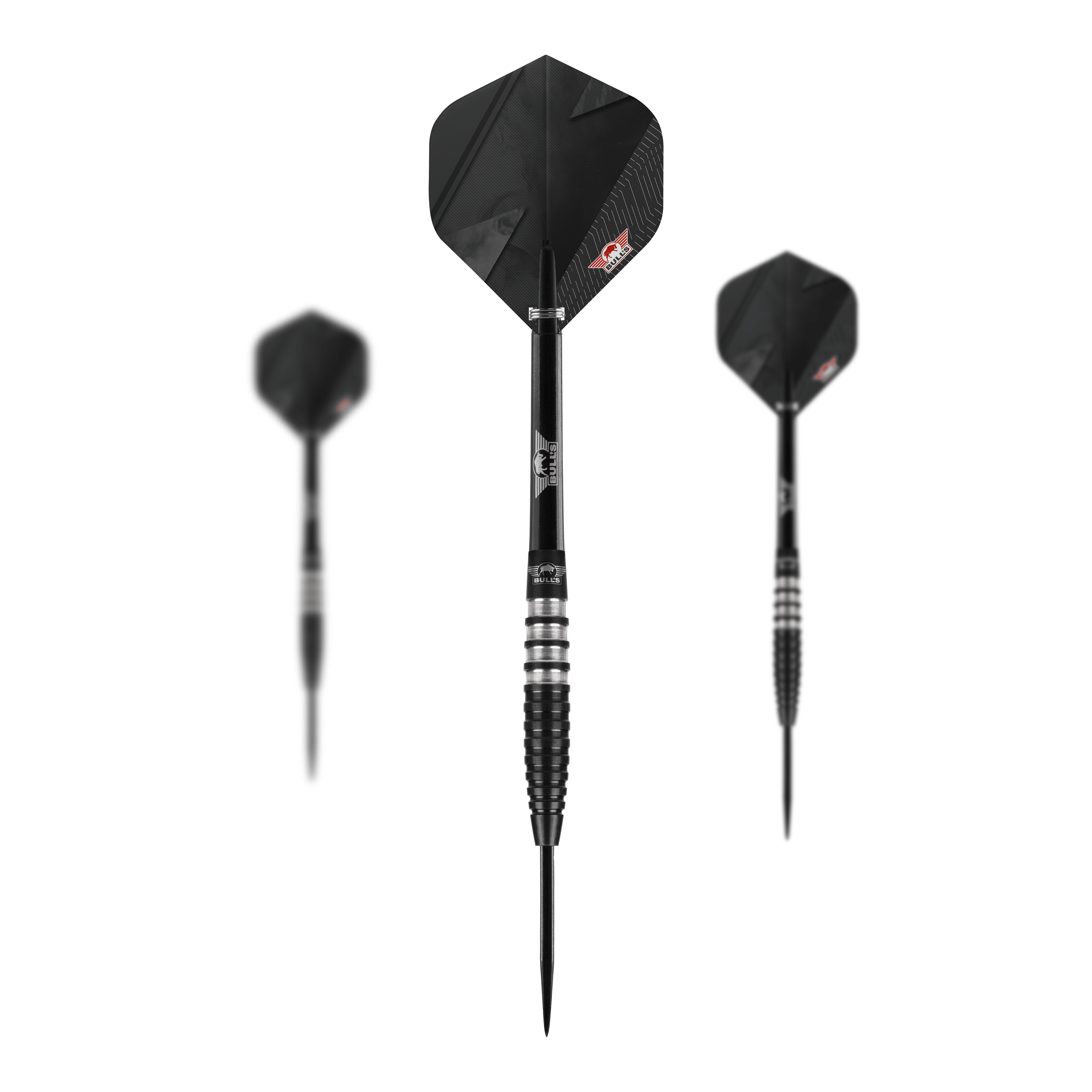 Dardos de acero negros Bulls NL Lightning Das Bild zeigt drei schwarze Steeldarts des Modells "Bulls NL Lightning Black". Die Darts haben ein modernes, geriffeltes Design mit schwarzen Flights.