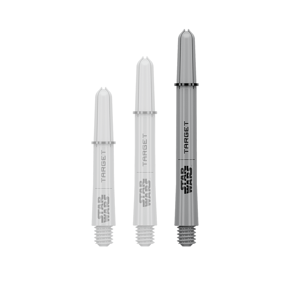 Varillas Target Star Wars ProGrip - Gris Das Bild zeigt ein Dart-Zubehör mit dem Dateinamen 380432_Target_StarWars_ProGrip_Shafts_Grau_Medium_48mm_1. Es handelt sich wahrscheinlich um einen einzelnen grauen Medium ProGrip Shaft von Star Wars mit 48mm Länge.