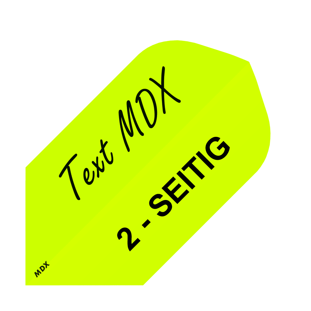 MD-455_2-Seitig_Bedruckte_Flights_Wunschtext_MDX_Gelb_Slim_1 Das Bild zeigt ein gelbes Quadrat mit schwarzer Schrift. Darauf steht „Text MDX“ und „2-SEITIG“.