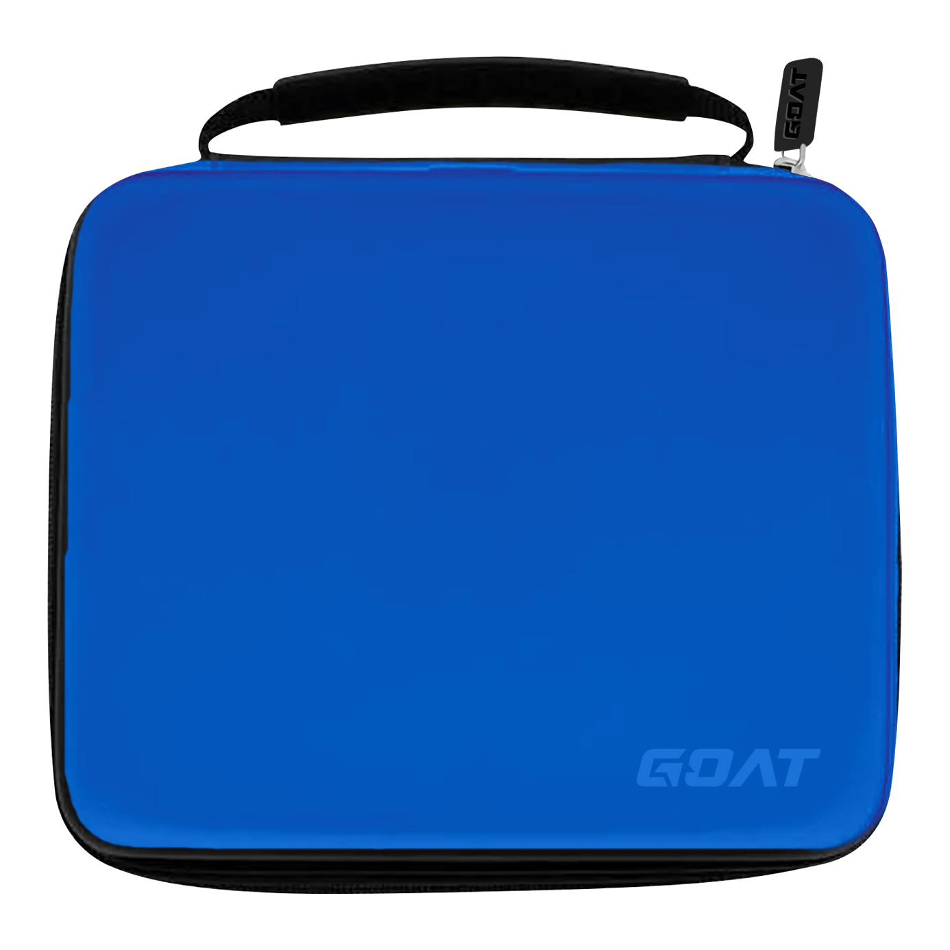 Cartera de dardos GOAT Locker XXL Dies ist ein rechteckiges Dart-Etui in leuchtendem Blau mit schwarzem Reißverschluss und Tragegriff. In der unteren rechten Ecke befindet sich das Logo "GOAT".