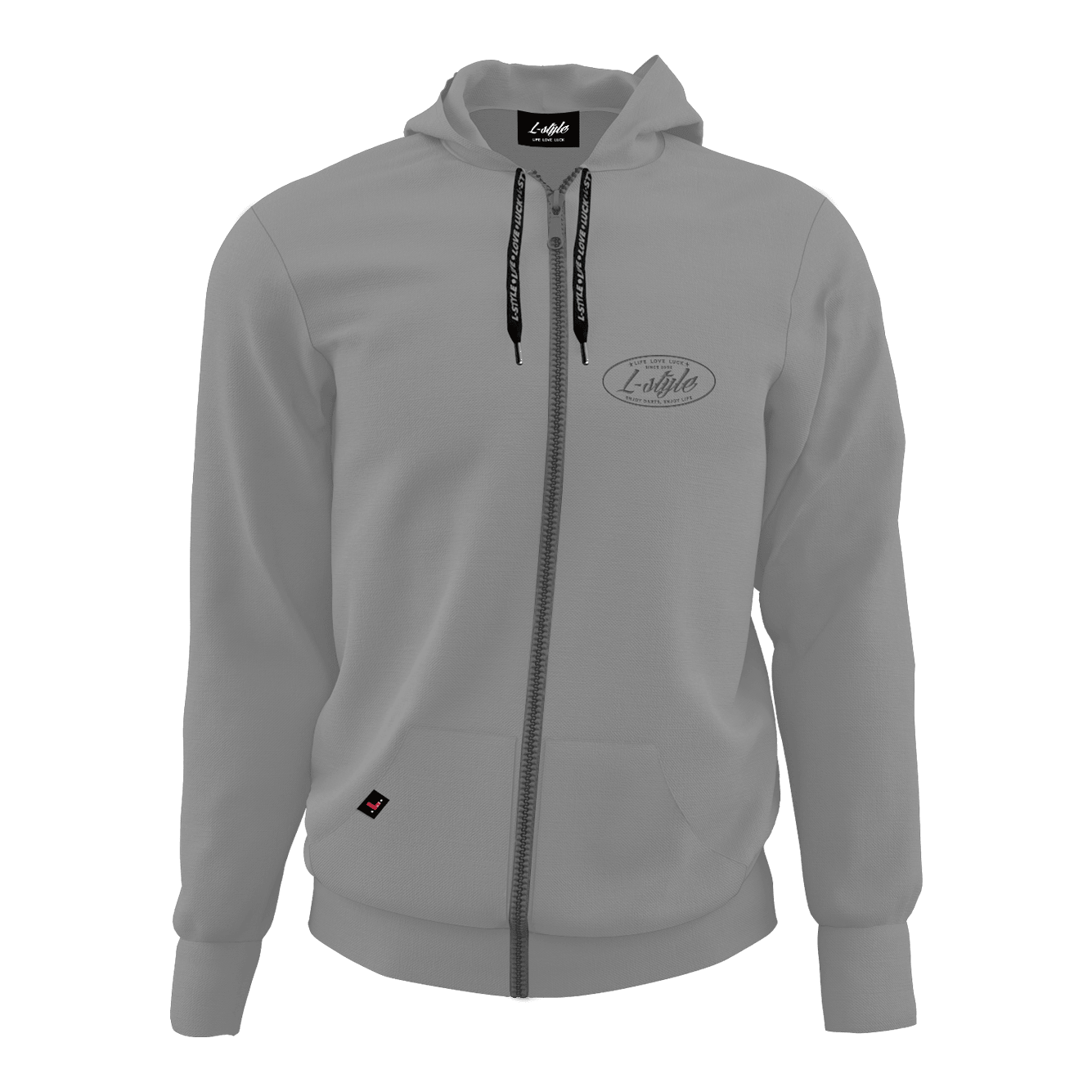 Sudadera con capucha estilo L, color gris Der Hoodie „L-Style Hoodie - Grau“ ist grau, hat eine Kapuze und einen durchgehenden Reißverschluss. Auf der linken Brust befindet sich ein dezentes L-Style Logo.