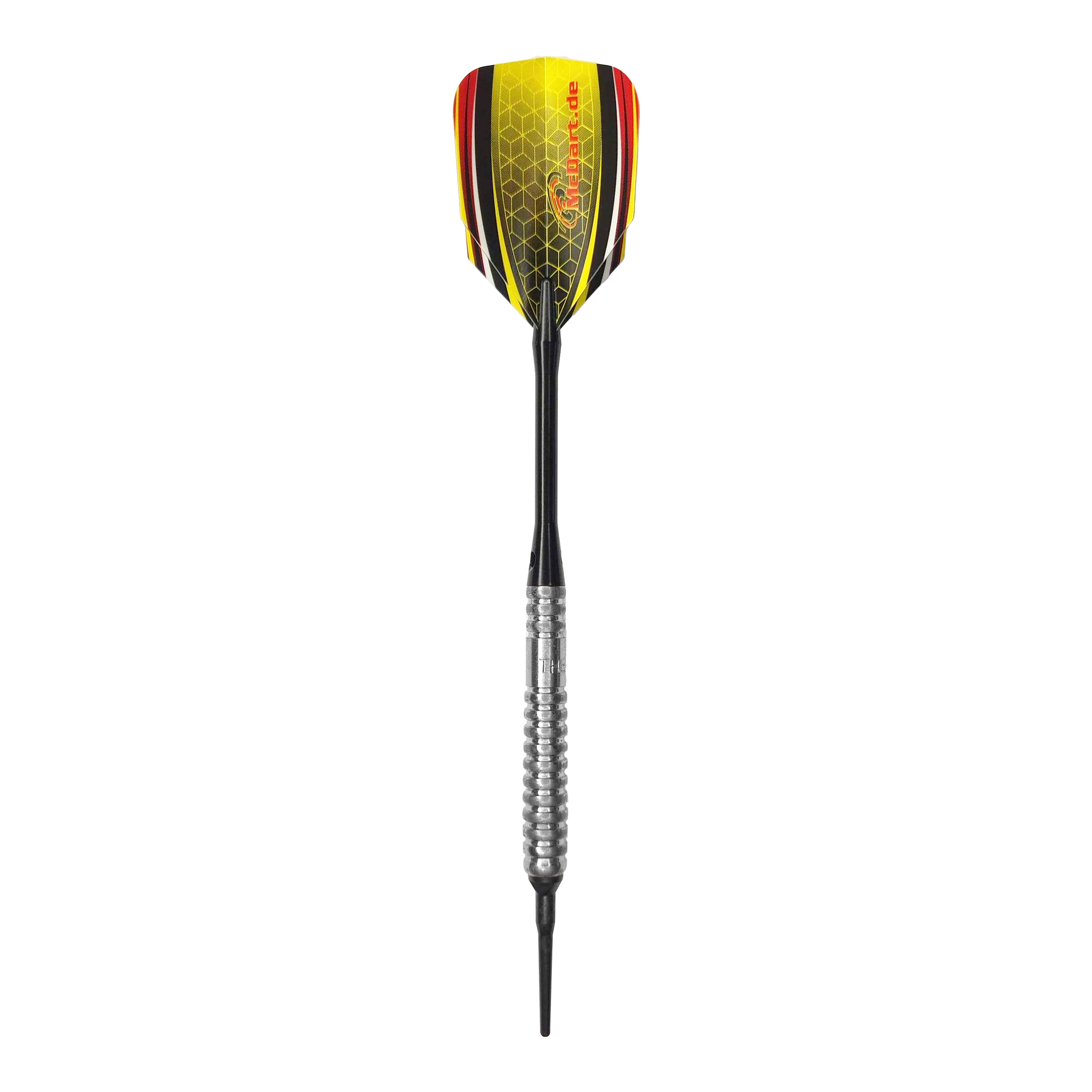 Dardos blandos McDart 85 Tungsten V20 - 17 g Dies ist ein Softdart namens "McDart 85er Tungsten V20" mit einem Gewicht von 17g. Der Dart hat einen silbernen Griff und gelb-schwarze Flights mit roten Akzenten.