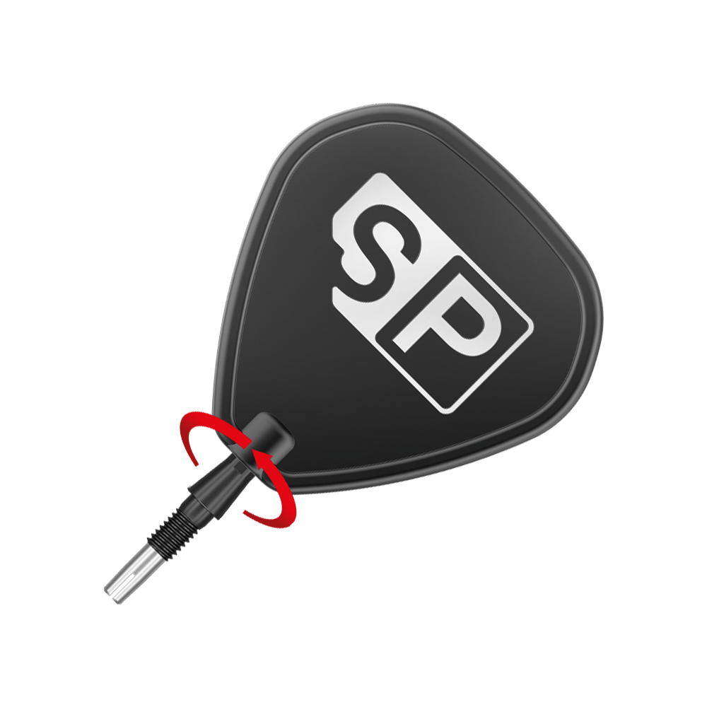 Puntas de dardos Target Swiss Storm Onyx Point - Negras Das Bild zeigt eine schwarze Dartspitze mit der Aufschrift "SP". Ein roter Pfeil zeigt, dass die Spitze gedreht werden kann.