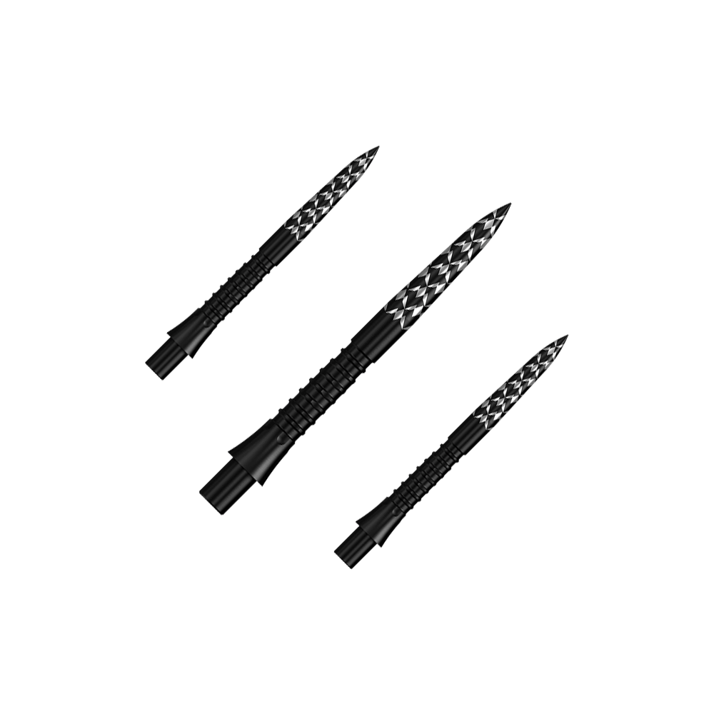 Das Bild zeigt ein Set schwarzer Steeldartspitzen mit GV-Logo, 26 mm lang. Diese Spitzen sind speziell für Dartpfeile entwickelt worden.