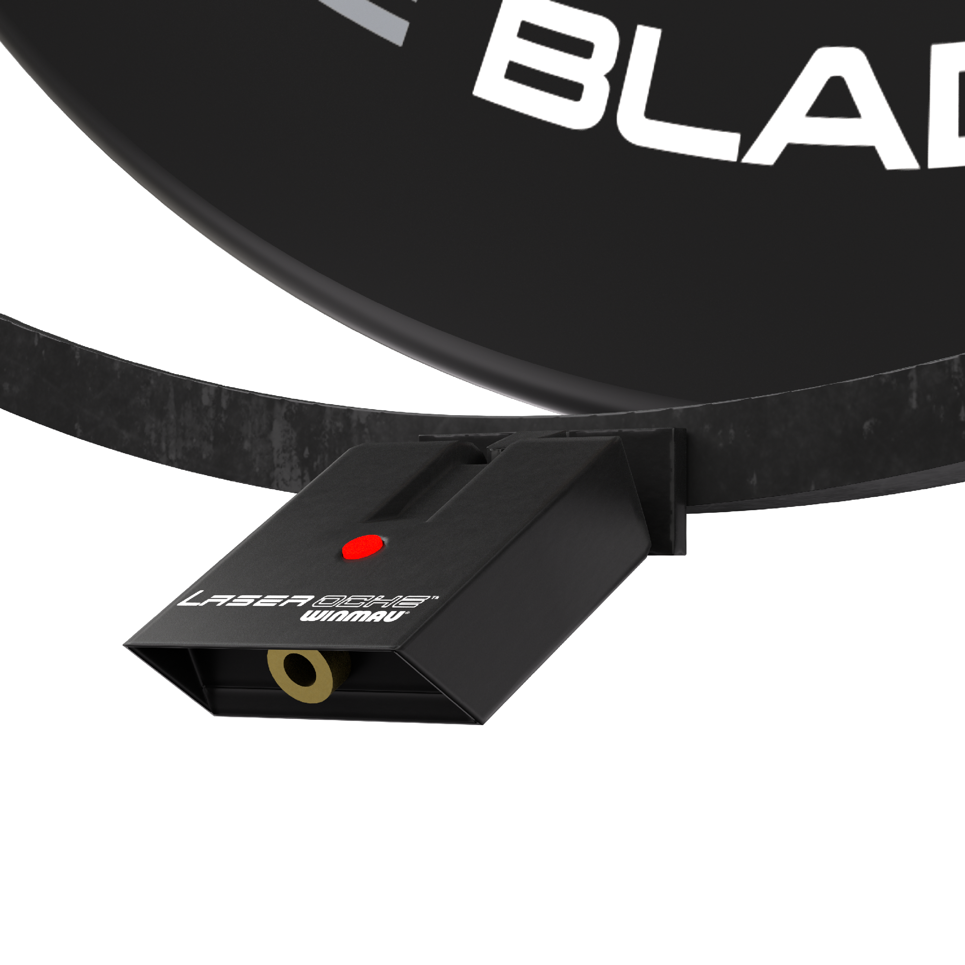 Juego de accesorios de plasma Winmau Das Bild zeigt das Winmau Plasma Zubehör Set, das an einem Dartboard befestigt ist. Sichtbar ist ein schwarzes Gerät mit der Aufschrift "Laser Oche Winmau" und einem roten Knopf.