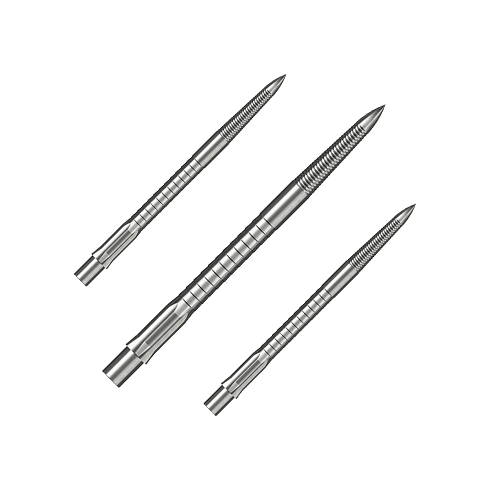 Puntas de dardo de acero Caliburn System - Micro Grip - Plateadas Das Bild zeigt ein Set von Steeldartspitzen mit Micro Grip, Silber, 36mm. Die Spitzen sind nebeneinander auf weißem Hintergrund angeordnet.