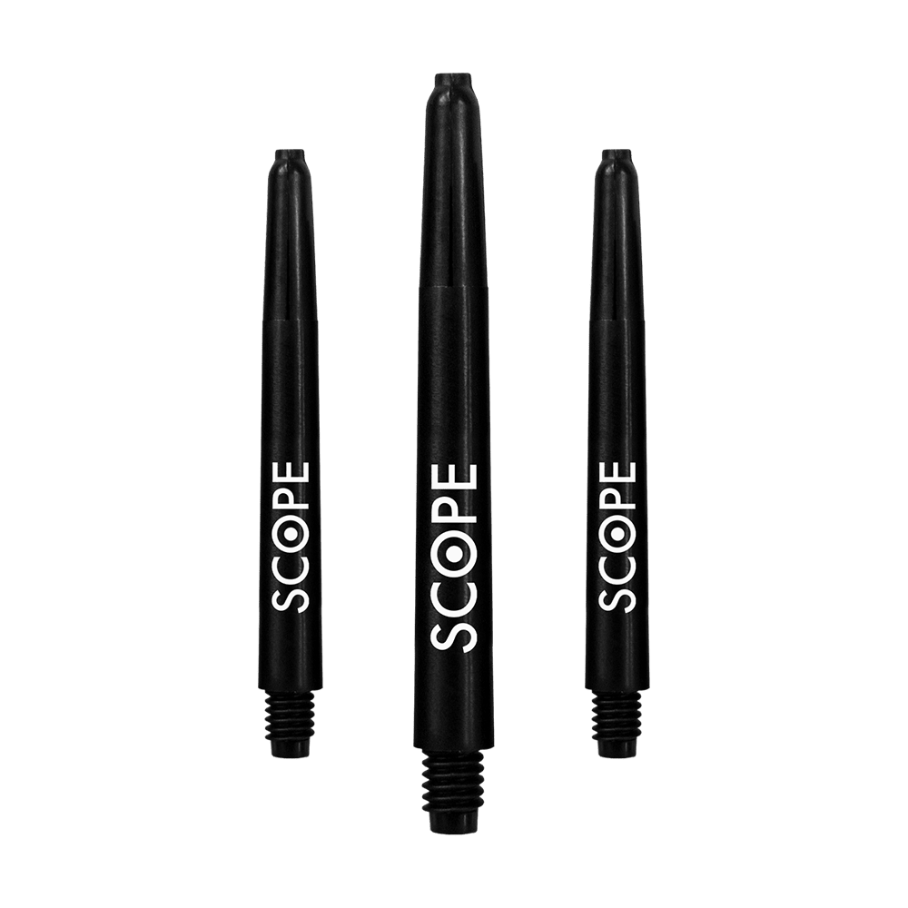 523_McDart_Scope_Nylon_Shafts_Schwarz_48mm_1cDvCPQGVQ6SMK Auf dem Bild sind drei schwarze McDart Scope Nylon Shafts zu sehen. Auf jedem Schaft steht das Wort "SCOPE" in weißer Schrift.
