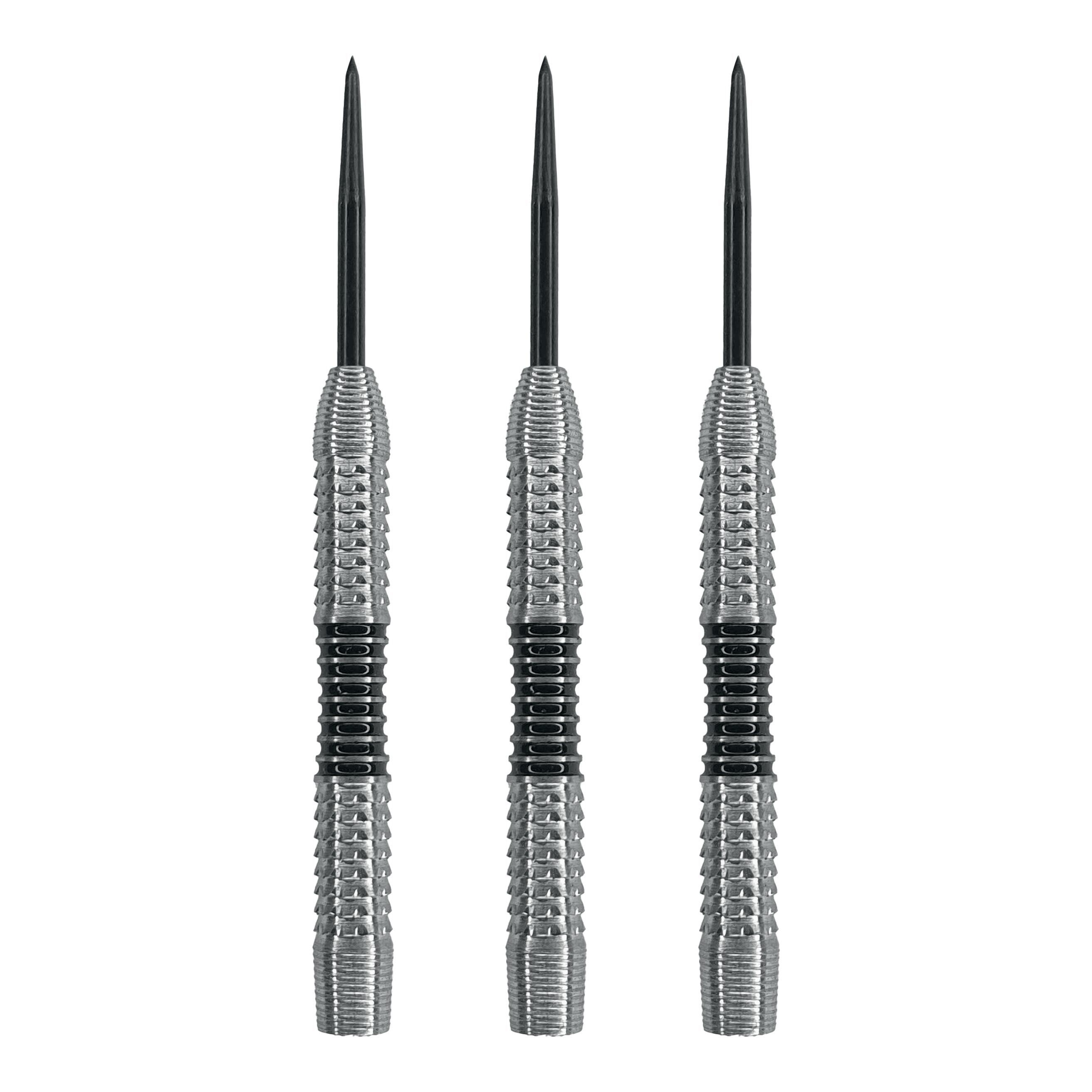 Dardos McDart Black Stripe 2 de acero - 22 g Das Bild zeigt drei Steeldart-Barrels mit silberner Oberfläche und schwarzen Ringen in der Mitte. Es handelt sich um das Produkt "McDart Black Stripe 2 Steeldart-Barrels - 22g".