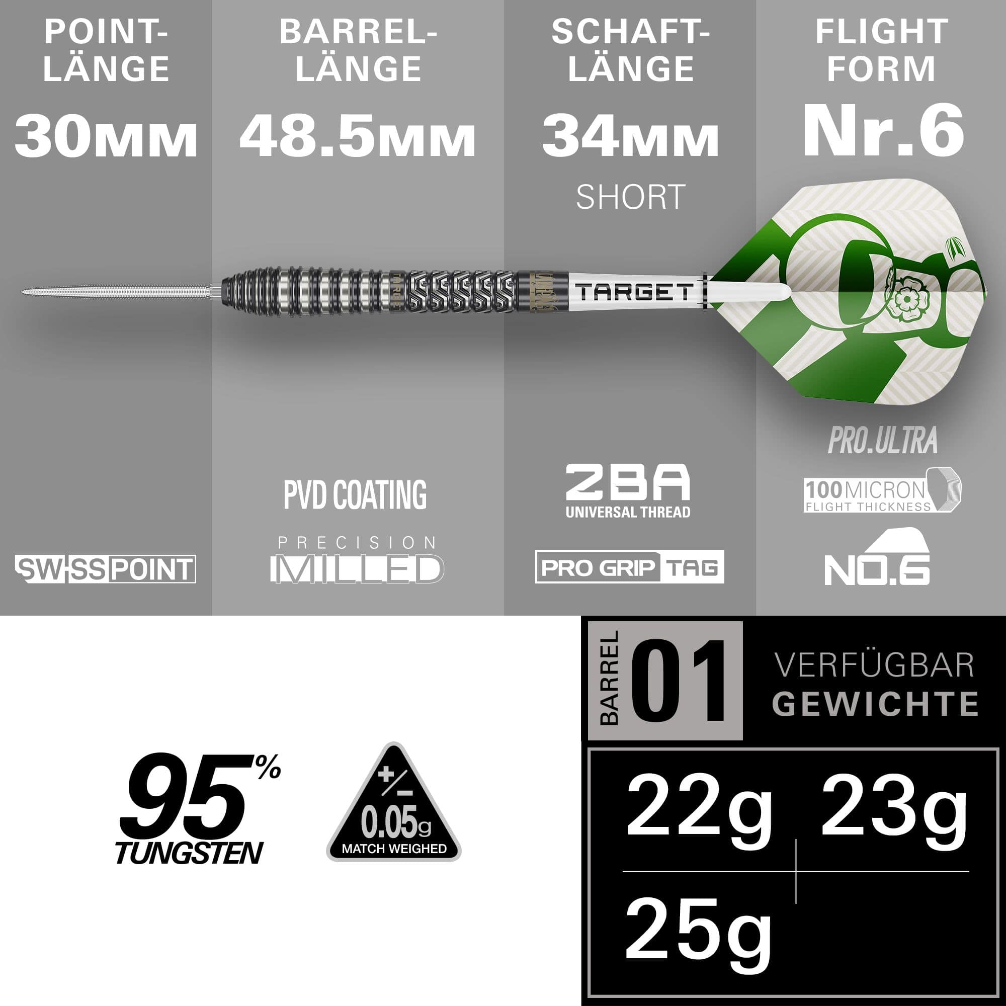 Dardos de acero Target Charlie Manby Swiss Points Hier sind die Target Charlie Manby Swiss Points Steeldarts dargestellt. Das Design ist modern und bietet eine gute Griffigkeit.
