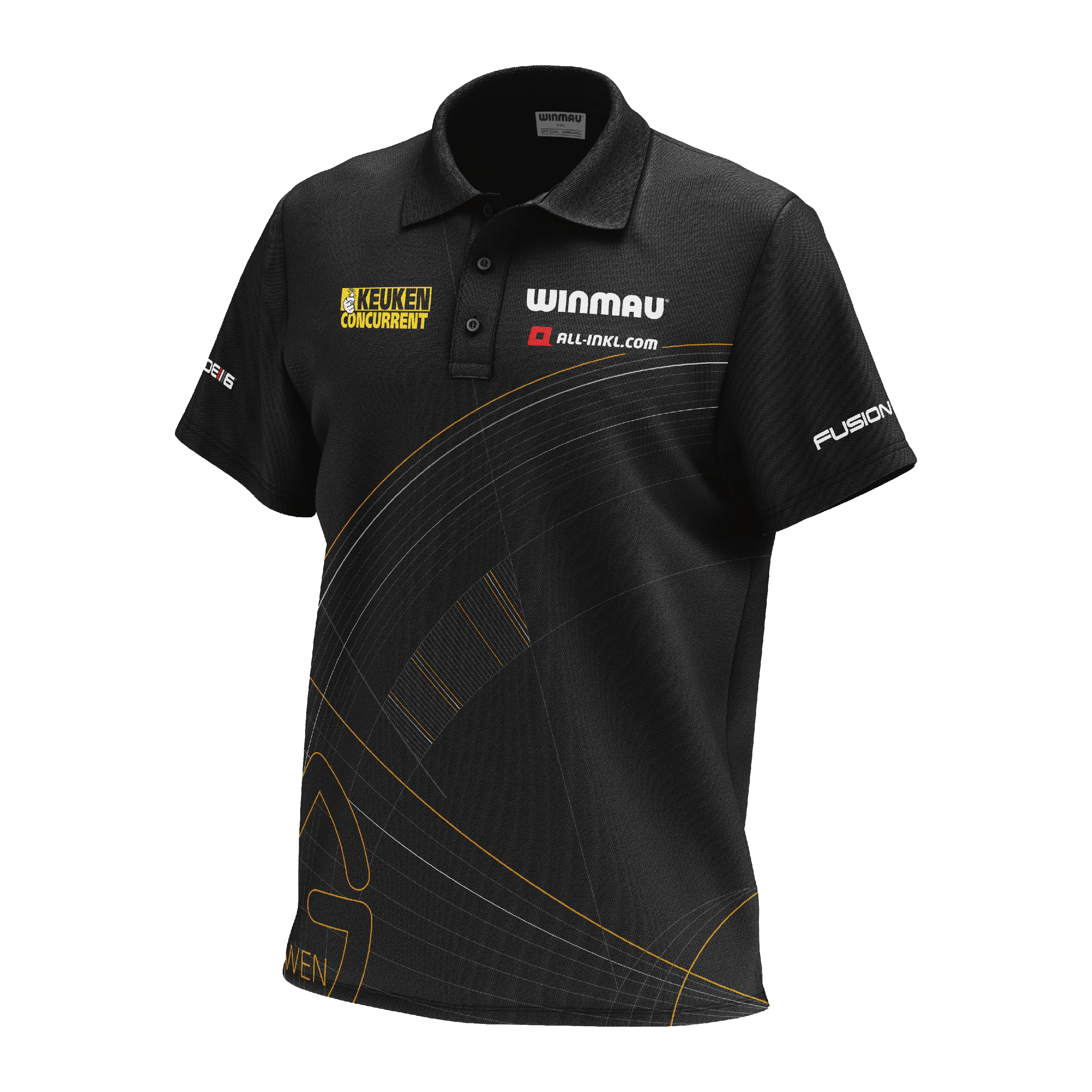 Polo Winmau Edición Limitada Tour Polo Dart Das Bild zeigt das "Winmau Limited Edition Tour Polo Dartshirt" in Schwarz mit gelben und weißen Logos. Das Shirt hat kurze Ärmel, einen Kragen und ein modernes Linienmuster auf der Vorderseite.