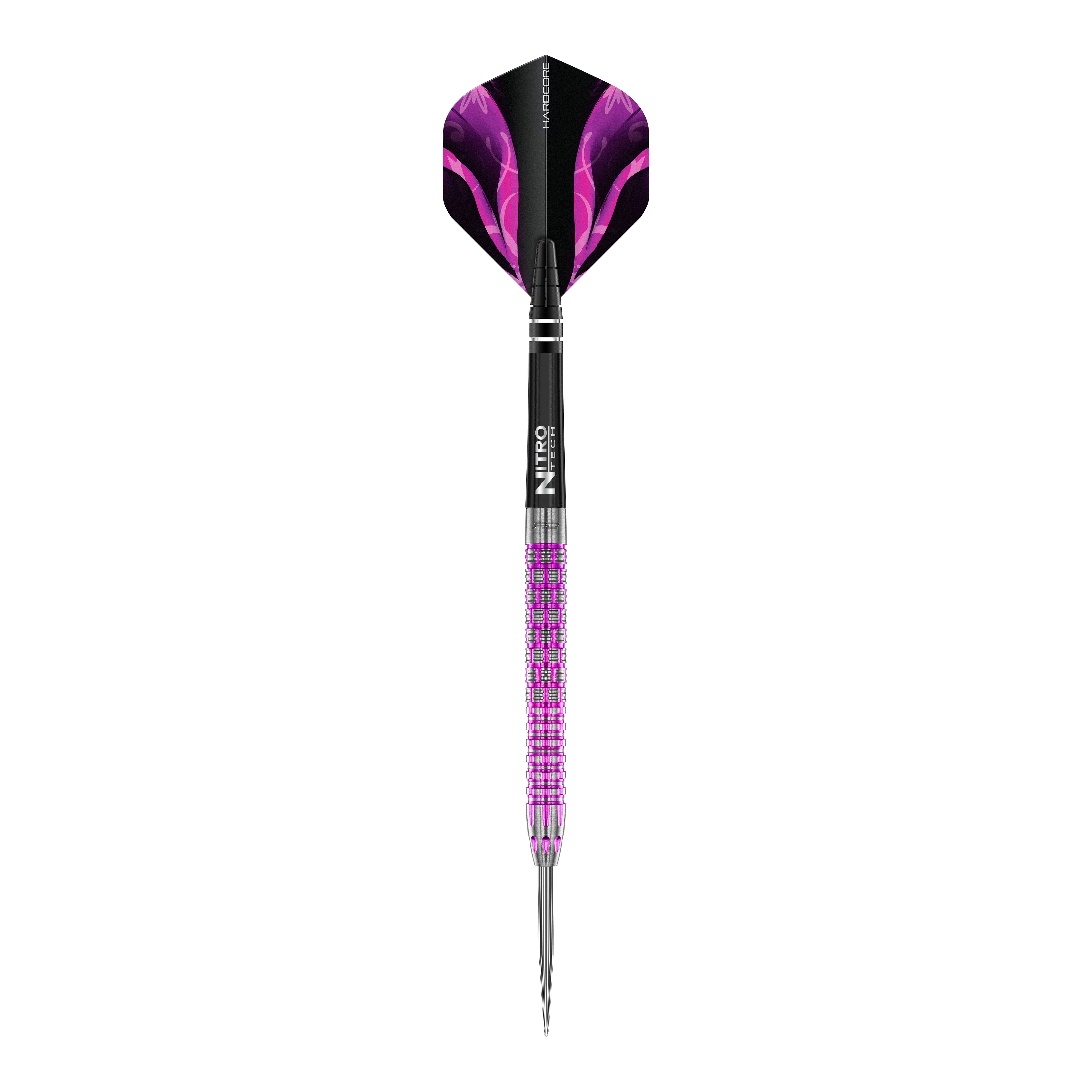 Dardos de acero de Tyrian del Red Dragon Das Bild zeigt einen Red Dragon Tyrian Steeldart mit auffälligen lila und silbernen Details. Der Dart hat eine metallische Spitze und ein schwarzes Flight mit lila Muster.