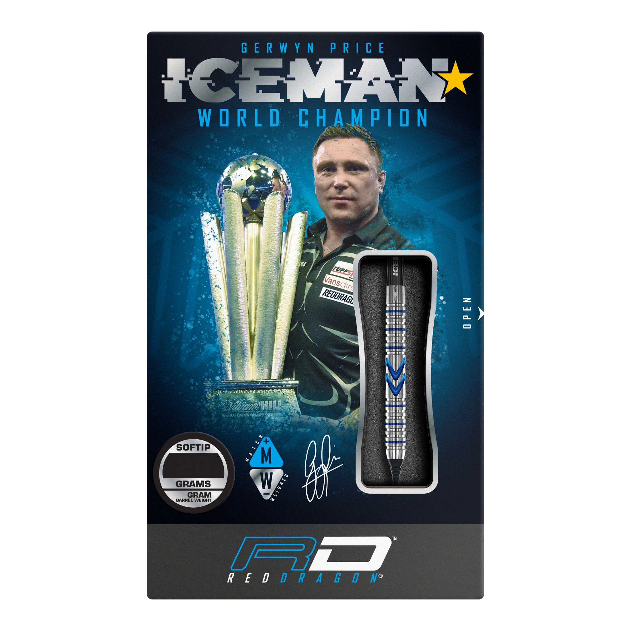 Dardos blandos Red Dragon Gerwyn Price Iceman Midnight Edition - 20 g Die Verpackung zeigt die Red Dragon Gerwyn Price Iceman Midnight Edition Softdarts mit einem Gewicht von 20g. Auf der Vorderseite sind ein Bild von Gerwyn Price und ein Dartpfeil abgebildet.