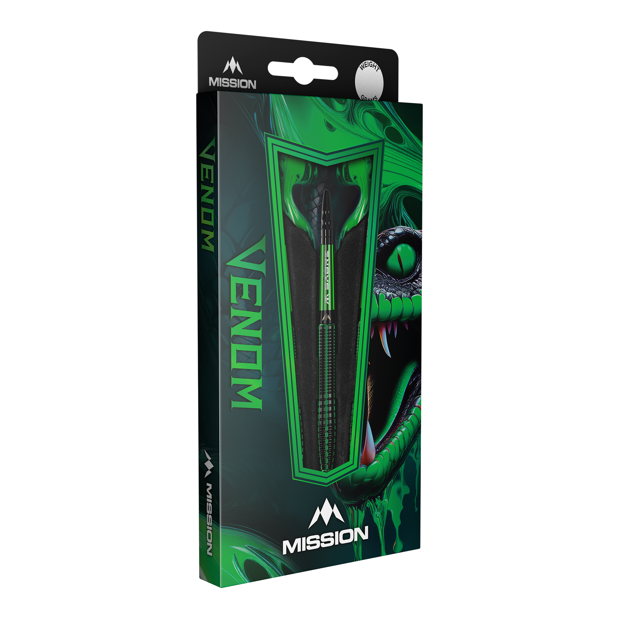 dardos de acero Mission Venom Die Abbildung zeigt eine Packung der "Mission Venom Steeldarts". Die Verpackung ist hauptsächlich grün und schwarz gestaltet und zeigt ein auffälliges Schlangendesign.