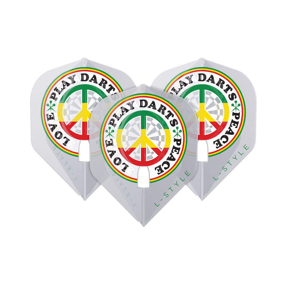 Das Bild zeigt drei weiße Dart-Flights der Marke L-Style Deta Hedman V4 L1PRO. Auf den Flights steht in bunten Farben der Schriftzug "LOVE PLAY DARTS PEACE" um ein Peace-Zeichen.