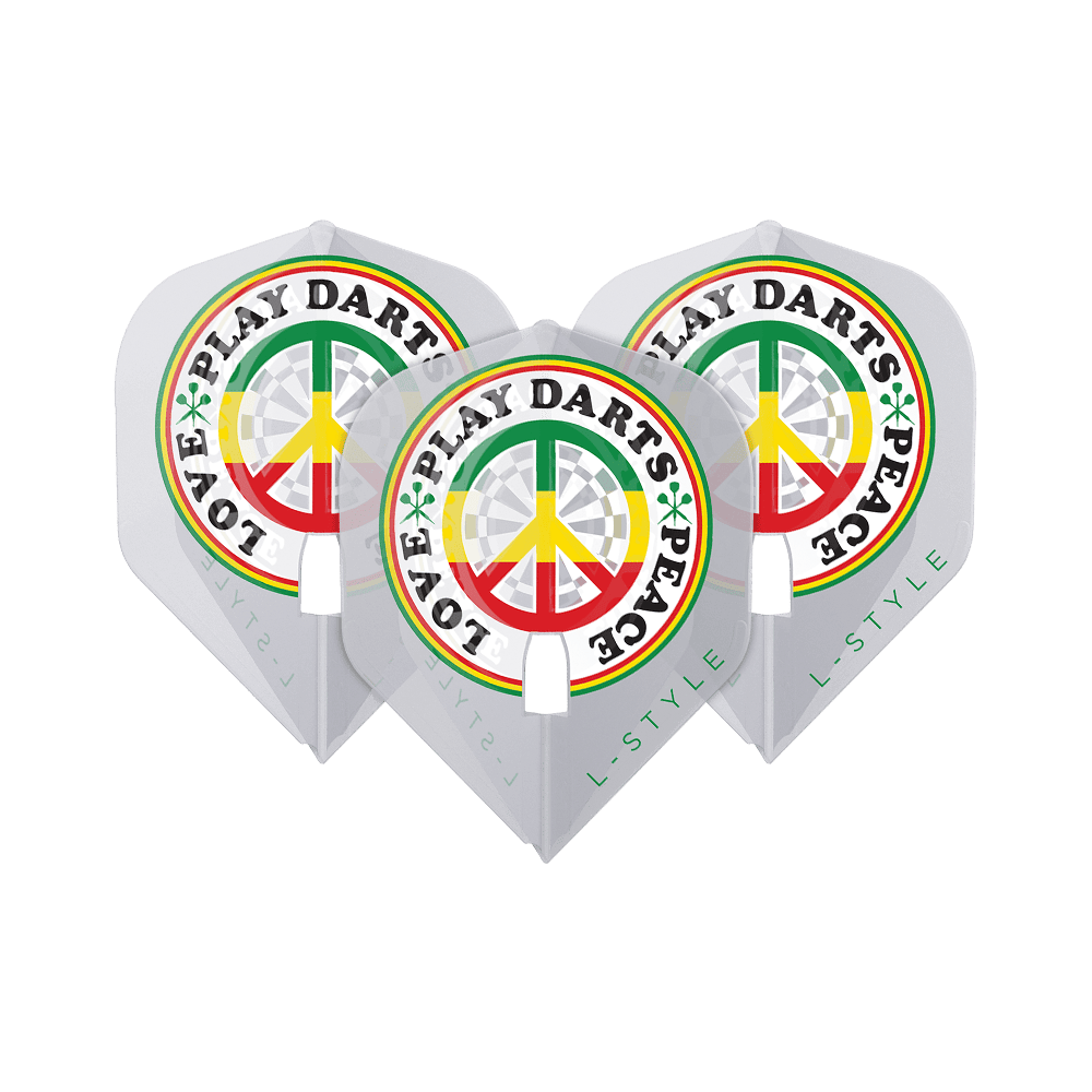 Vuelos L-Style Deta Hedman V4 Blanco Transparente L1PRO Das Bild zeigt drei weiße Dart-Flights der Marke L-Style Deta Hedman V4 L1PRO. Auf den Flights steht in bunten Farben der Schriftzug "LOVE PLAY DARTS PEACE" um ein Peace-Zeichen.