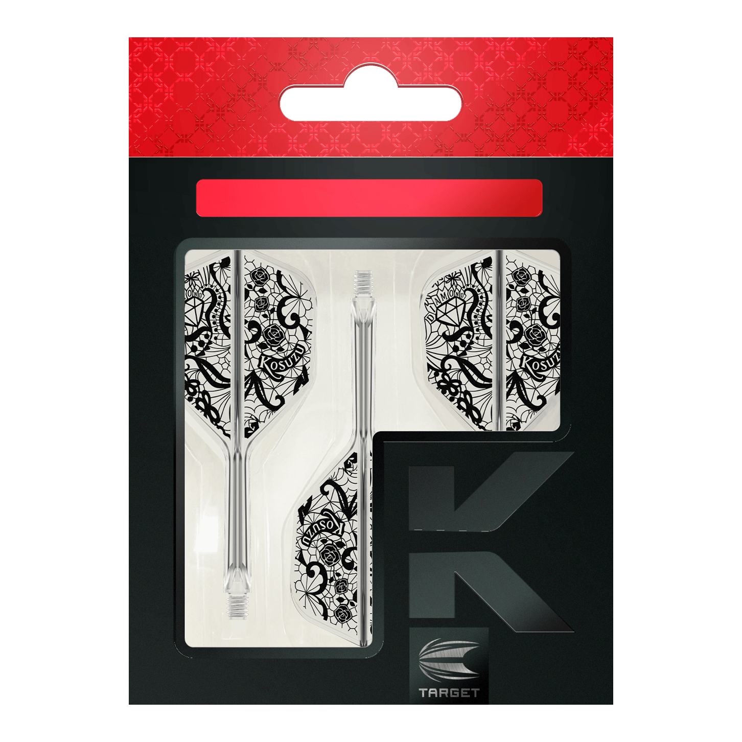 Sistema de eje de vuelo Target Japan K-Flex Diamond No6 Das Bild zeigt die Verpackung des Produkts "Target Japan K-Flex Diamond No6 Flight-Shaft-System". Zu sehen sind drei transparente Dartschäfte mit weißen Flights, die ein detailliertes, schwarzes Muster haben.