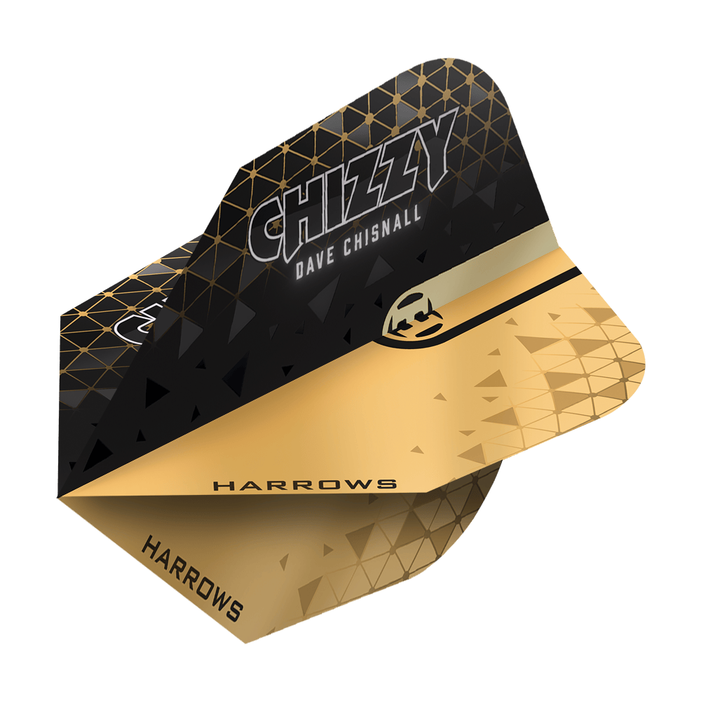 Harrows Prime Dave Chisnall Chizzy 2 No. 6 Vuelos Das Bild zeigt ein Harrows Prime Dave Chisnall Chizzy 2 No6 Flight. Das Flight ist schwarz-gold gestaltet und trägt den Aufdruck "CHIZZY DAVE CHISNALL" sowie das Harrows-Logo.