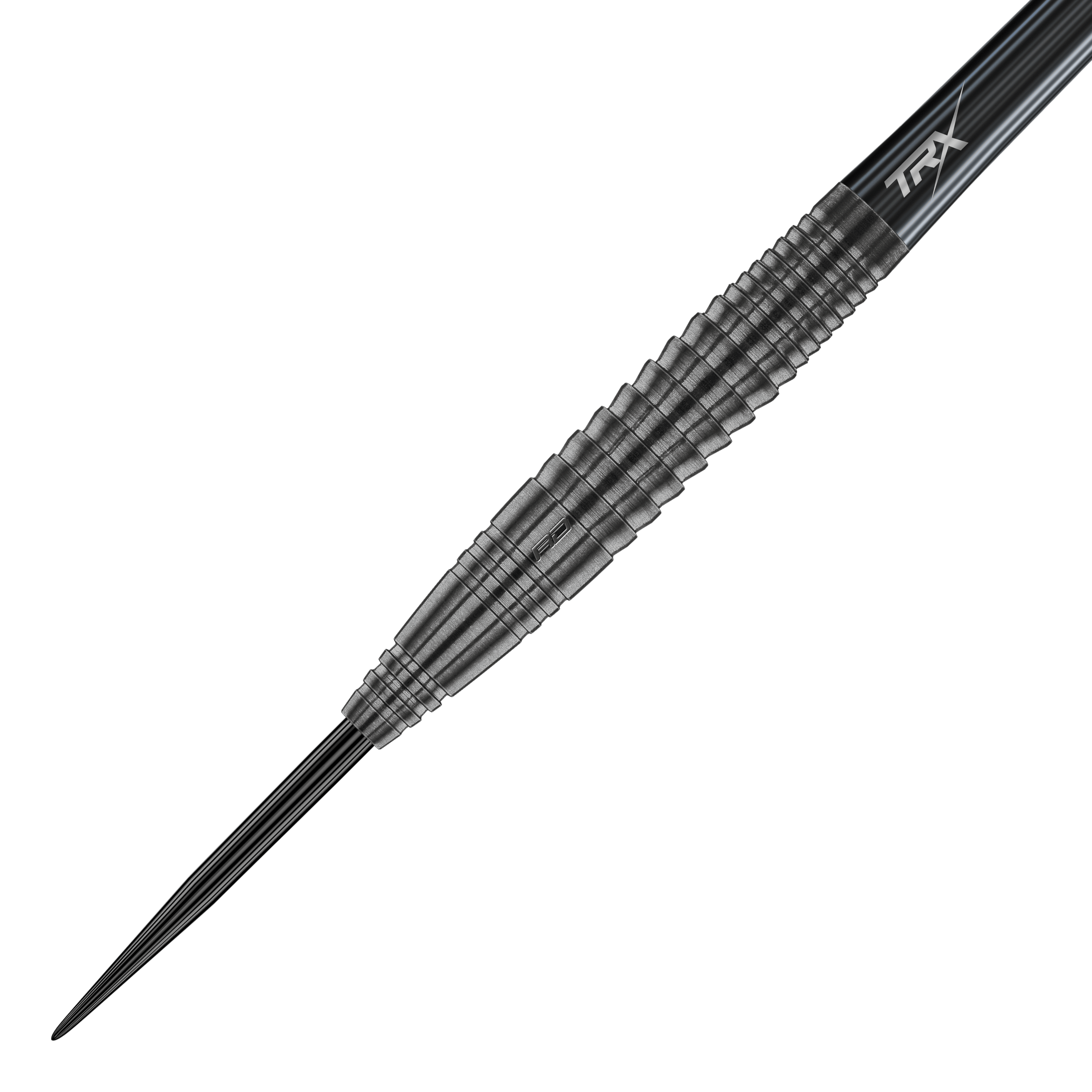 Red Dragon Seren 4 Dardos de Acero de Ónix Das Bild zeigt einen Red Dragon Seren 4 Onyx Steeldart. Der Dart hat ein schwarzes, gerilltes Metallgehäuse und eine spitze Stahlspitze.