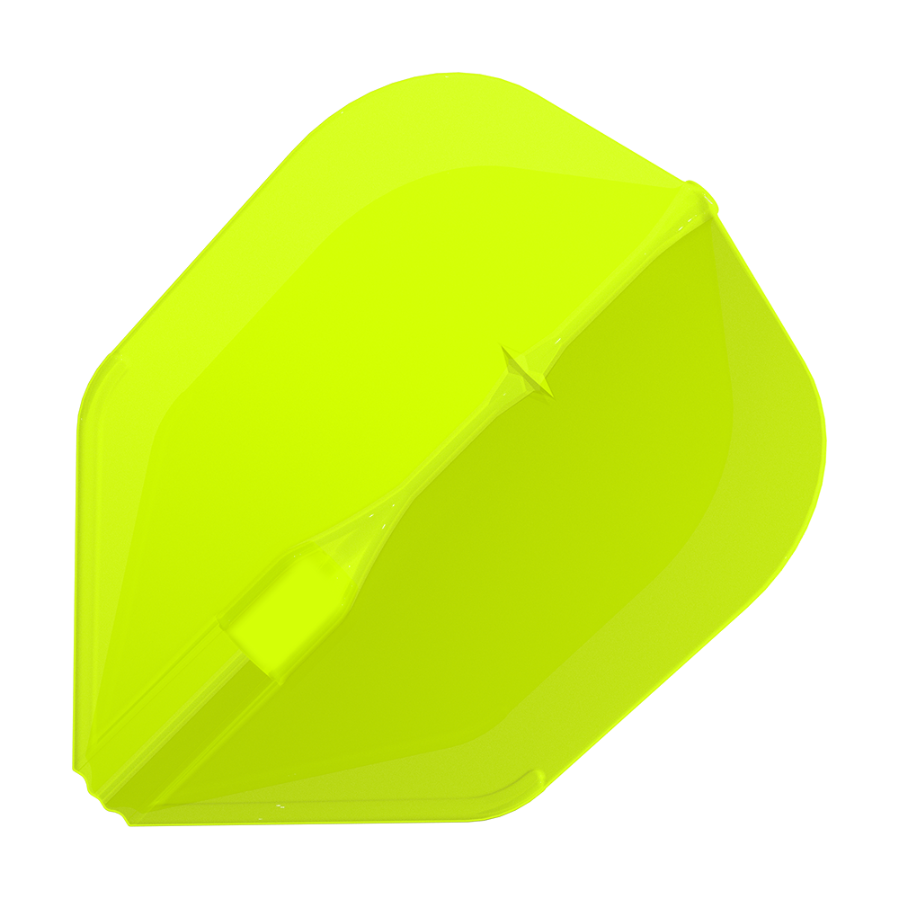 Vuelos L-L-Style3EZ Das Bild zeigt eine neon-gelbe Dartflügel. Die Oberfläche ist glatt und hat eine auffällige, leuchtende Farbe.