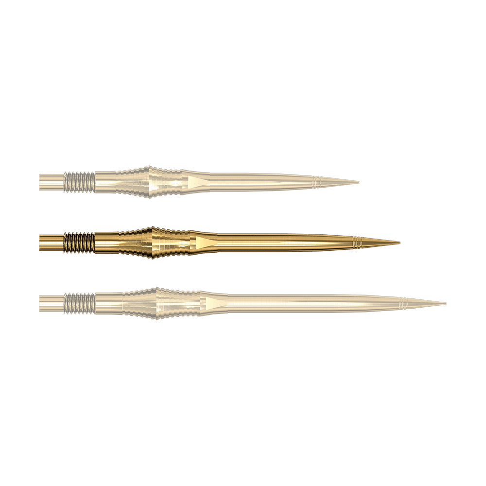 Dartspitzen der Spire Gold Elite Serie sind abgebildet. Die Spitzen sind goldfarben und schmal.