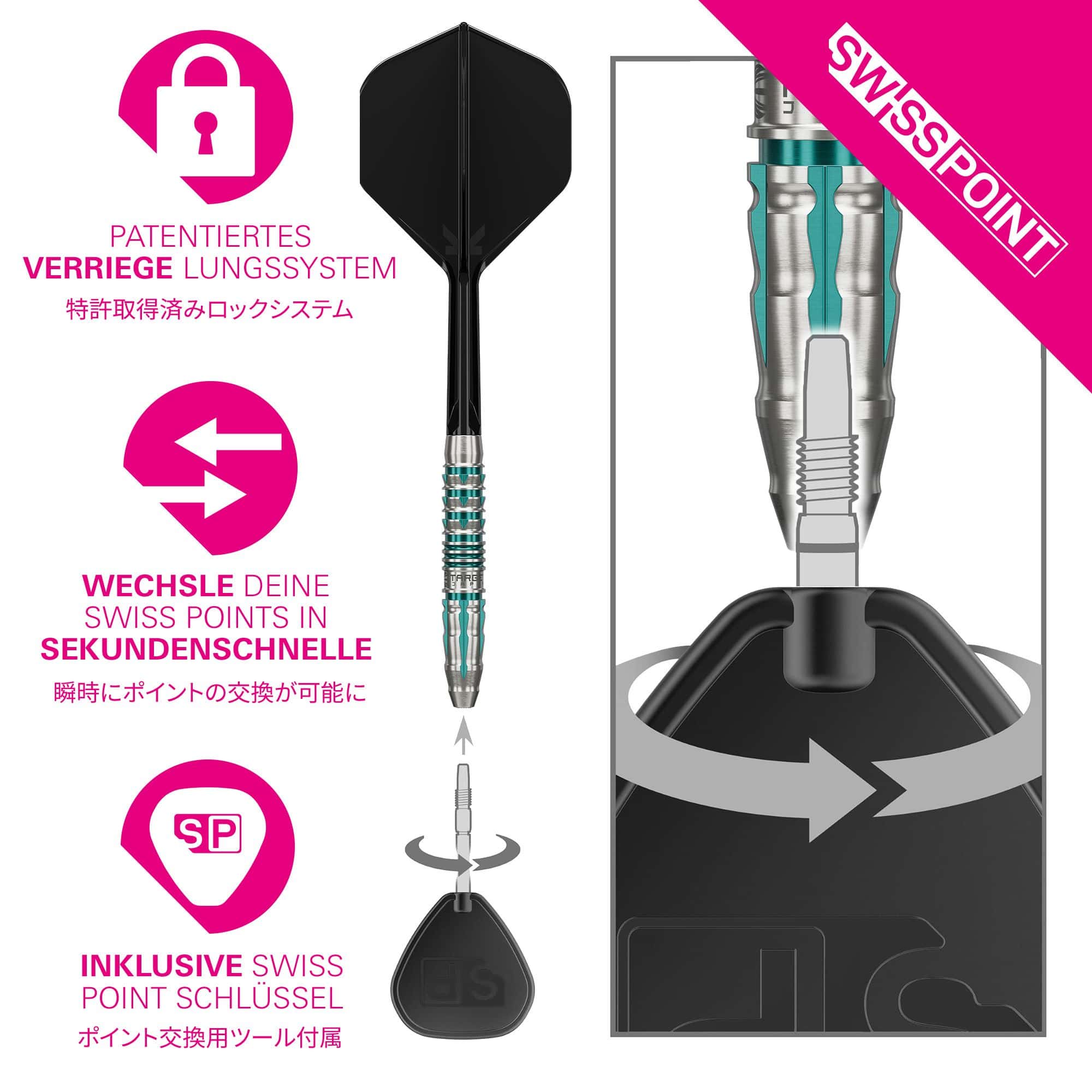 Dardos de acero Target Japan Black Marque Pierce Swiss Point Das Bild zeigt das Produkt Target Japan Black Marque Pierce Swiss Point Steeldarts. Die Steeldarts sind speziell für Präzision und Design bekannt.