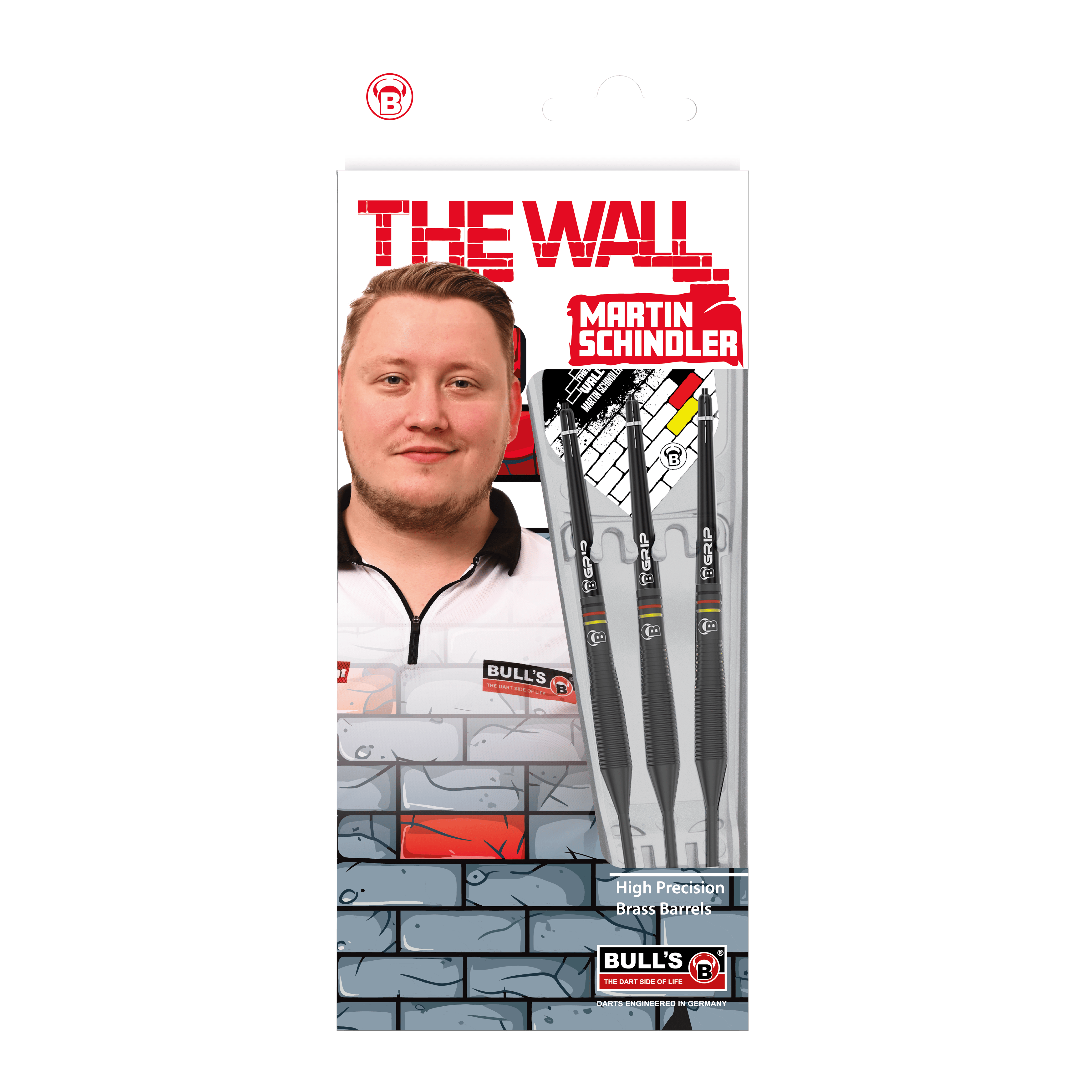 Toros Martin Schindler El Muro Dardos de Acero de Latón Negro Auf dem Bild ist die Verpackung der "Bulls Martin Schindler The Wall Black Brass Steeldarts" zu sehen. Auf der Vorderseite sind das Produkt, ein Porträt von Martin Schindler und das Markenlogo abgebildet.