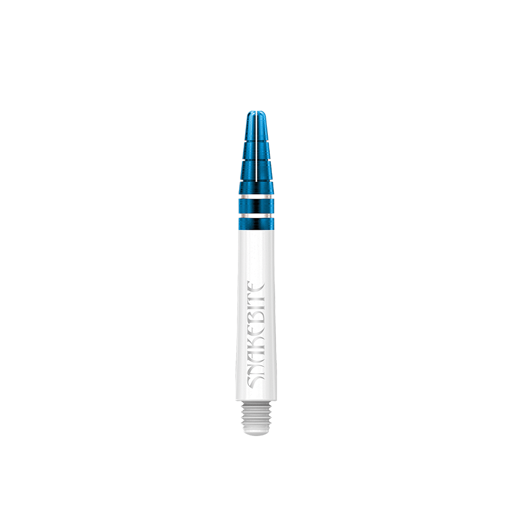 C802_Red_Dragon_Nitrotech_Peter_Wright_White_Blue_Shafts_39mm_183JVWw6h3JgDB Das Bild zeigt einen Red Dragon Nitrotech Peter Wright Blue Shaft mit einer Länge von 39 mm. Der Shaft ist in den Farben Blau und Silber gehalten und trägt die Aufschrift "Snakebite".