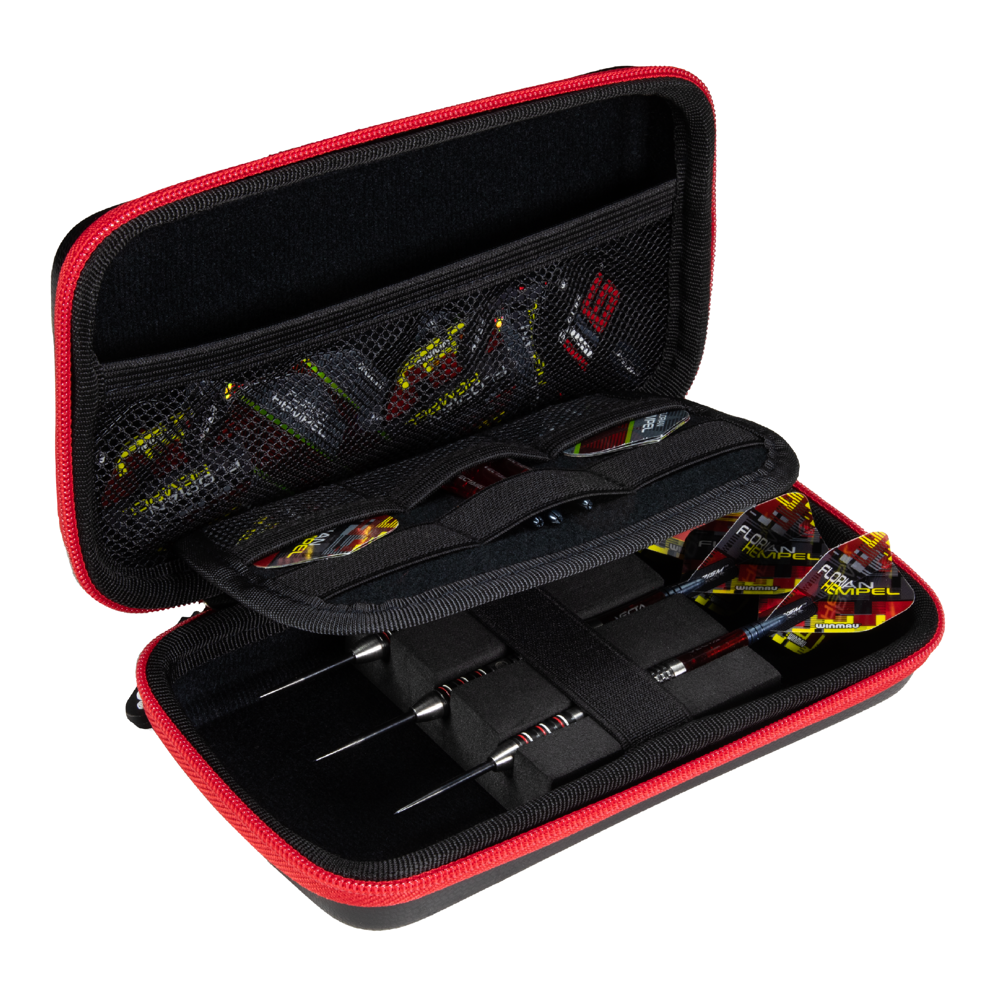 Estuche para dardos Winmau Florian Hempel Tour Edition Das Bild zeigt das Winmau Florian Hempel Tour Edition Dartcase, das geöffnet und mit Darts sowie Zubehör bestückt ist. Die Darttasche hat einen schwarzen Innenraum mit Netzfächern und wird von einem roten Reißverschluss umrandet.
