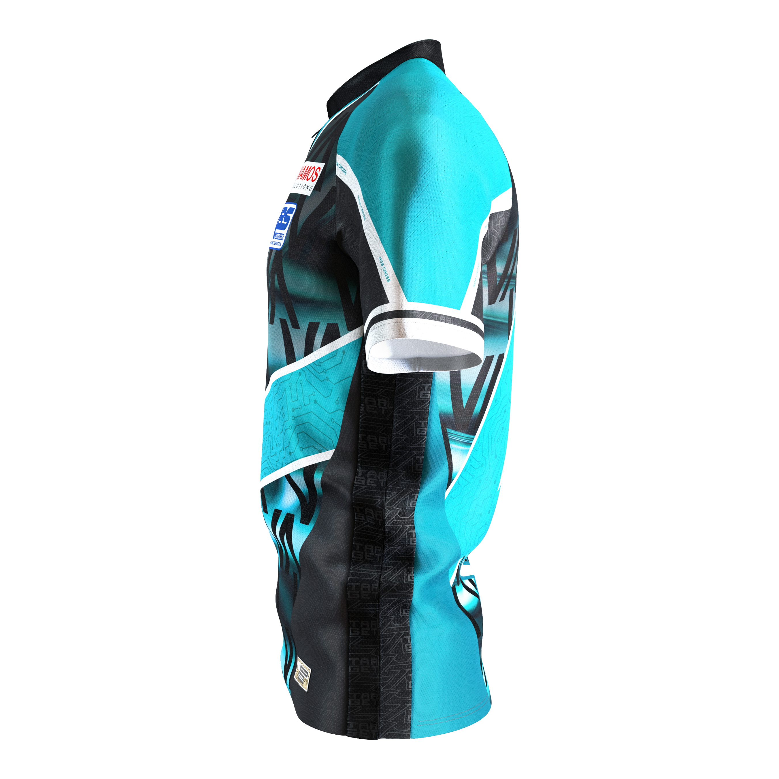 Camiseta de dardos Target Coolplay Rob Cross 2025 Das Bild zeigt das Target Coolplay Rob Cross 2025 Dartshirt. Das Shirt hat ein auffälliges Design in Türkis, Schwarz und Weiß.