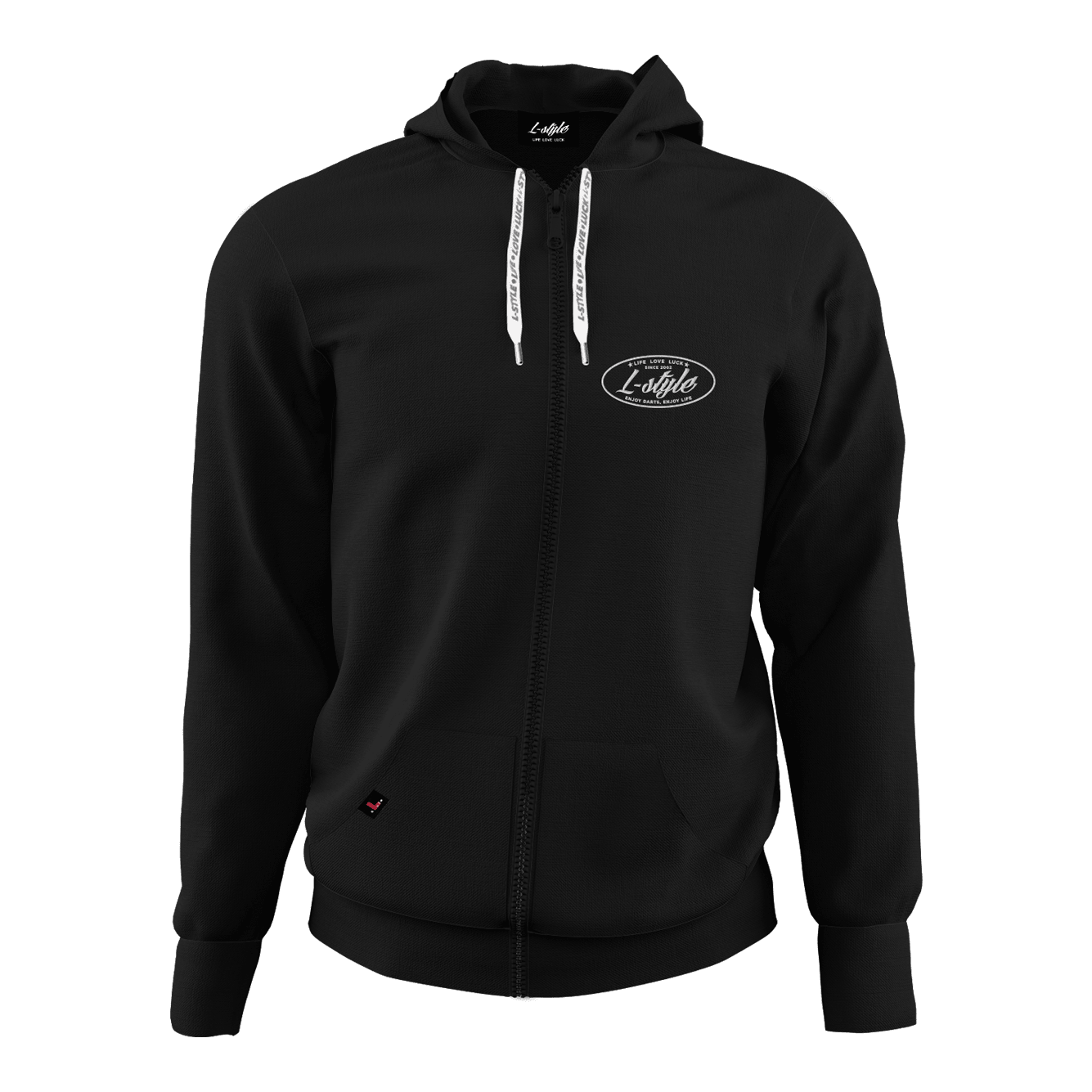 Sudadera con capucha estilo L, color negro Das Bild zeigt einen schwarzen Hoodie mit Reißverschluss und Kapuze. Auf der Brust befindet sich ein weißes "L-Style"-Logo.