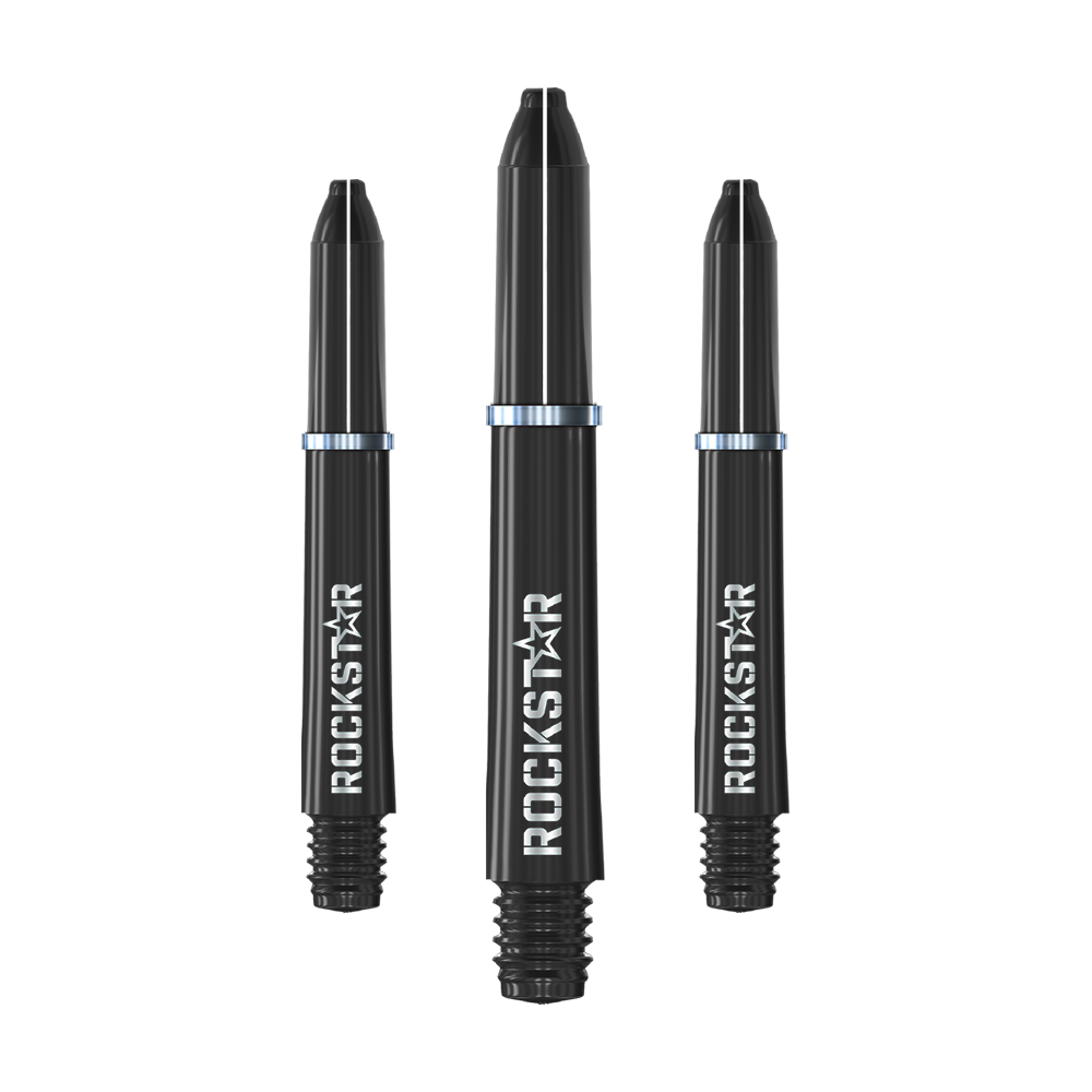 Varillas de nailon Winmau Joe Cullen Rockstar negras Das Bild zeigt drei schwarze Dartschäfte mit der Aufschrift "ROCKSTAR". Sie sind jeweils mit einem silbernen Metallring versehen.