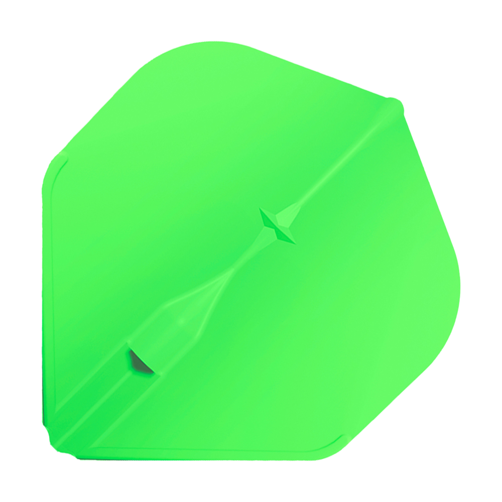 Vuelos estándar L-Style Champagne L1EZ Das Bild zeigt ein leuchtend grünes Dart-Flügel der Marke L-Style Champagne L1EZ Standard Flights. Die Oberfläche ist glatt und hat eine charakteristische, leicht eckige Form.