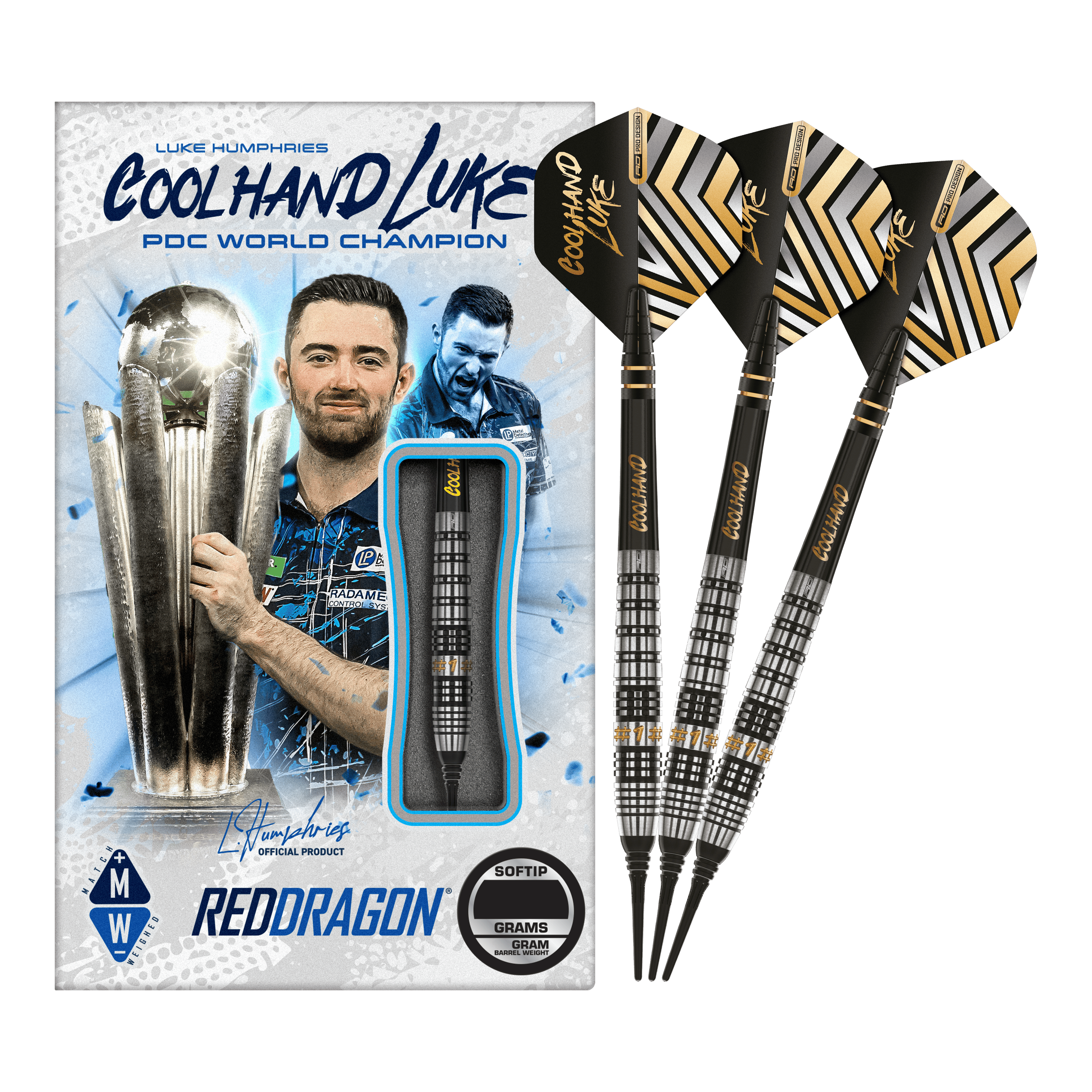 Dardos blandos Red Dragon Luke Humphries Prestige - 20 g Auf dem Bild sind die Red Dragon Luke Humphries Prestige Softdarts mit 20g Gewicht zu sehen. Die Verpackung zeigt ein Bild von Luke Humphries und die Darts sind schwarz mit silbernen und goldenen Details.