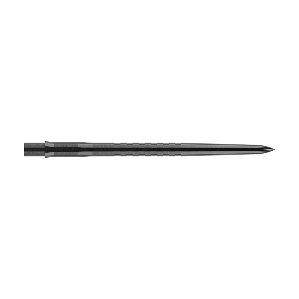 Puntas de dardos Mission Caliburn EVO - Ranuradas - Negras Das Bild zeigt eine schwarze, gerillte Steeldartspitze. Sie ist lang und schmal mit einer scharfen Spitze.