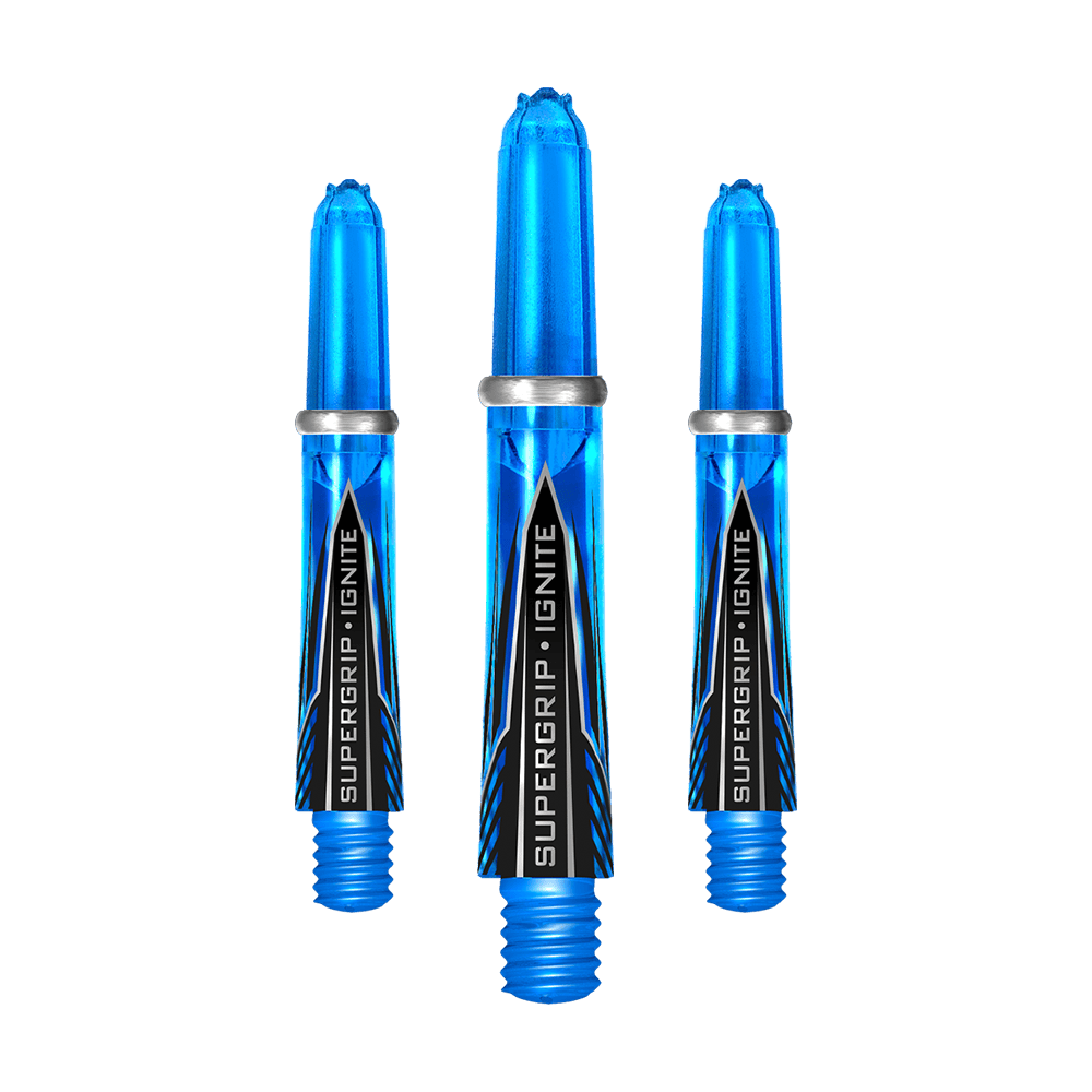 HR386_Harrows_Supergrip_Ignite_Shafts_Aqua_33mm_1PNcec4NZztQnN Das Bild zeigt drei blaue Harrows Supergrip Ignite Shafts in der Farbe Aqua. Die Shafts haben ein modernes Design mit dem Schriftzug "SUPERGRIP IGNITE" auf der Vorderseite.