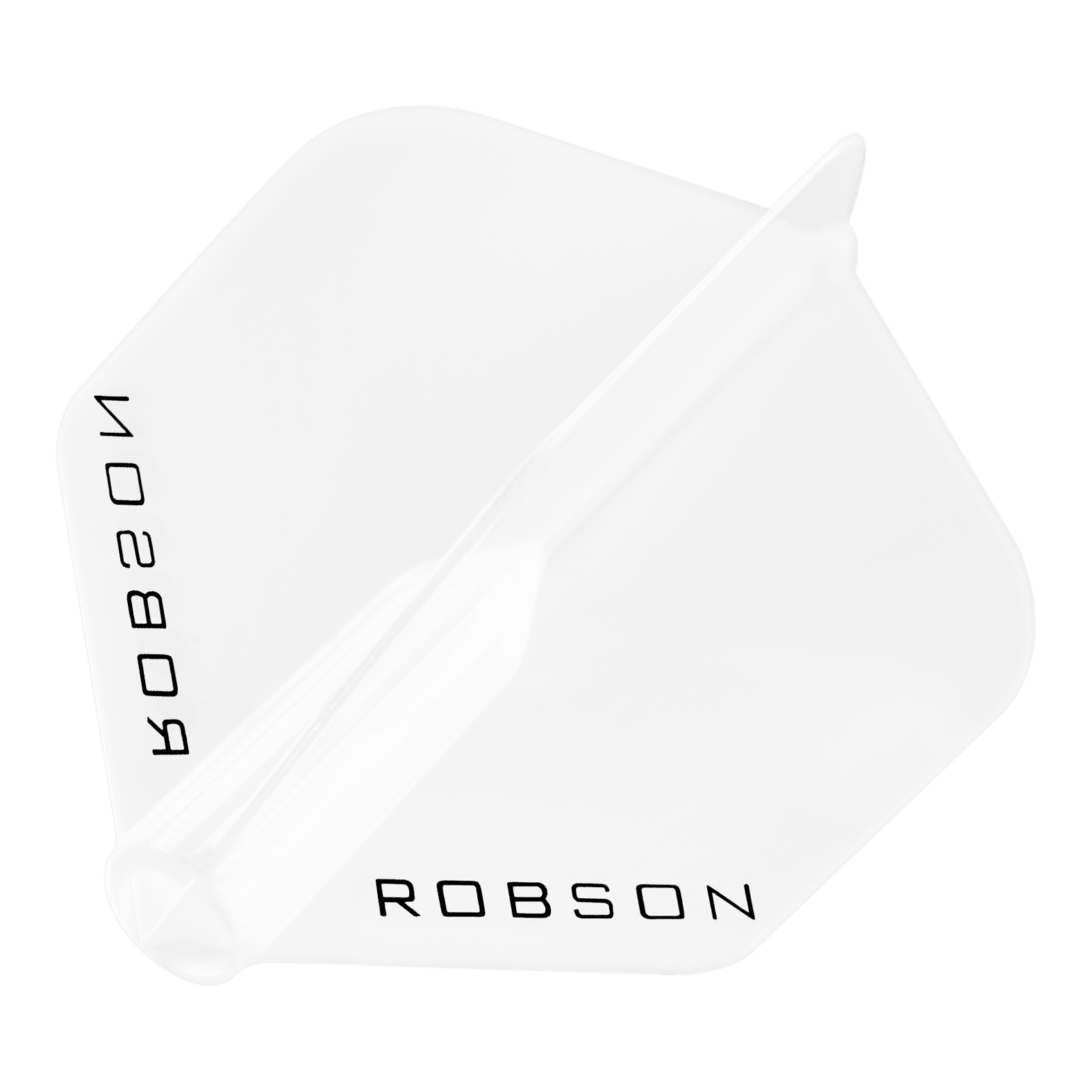 Plumas Robson Plus - Estándar Das Bild zeigt einen klaren Dart-Flügel mit der Aufschrift "ROBSON". Der Flügel hat eine standardmäßige, sechseckige Form.