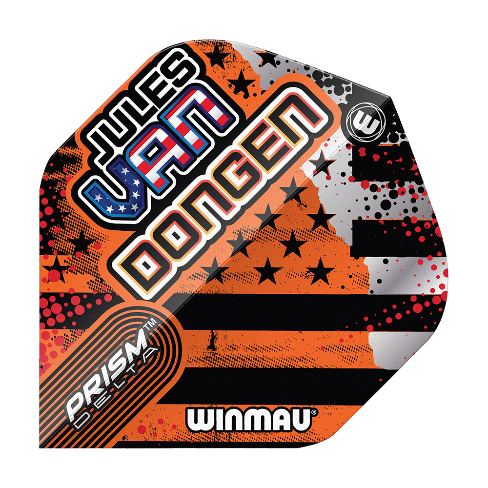 Vuelos estándar Winmau Prism Delta Jules Van Dongen Das Bild zeigt ein Winmau Prism Delta Dart-Flight mit dem Namen "Jules Van Dongen". Das Flight-Design enthält auffällige Farben, Sterne und Streifen sowie den Schriftzug "Winmau".