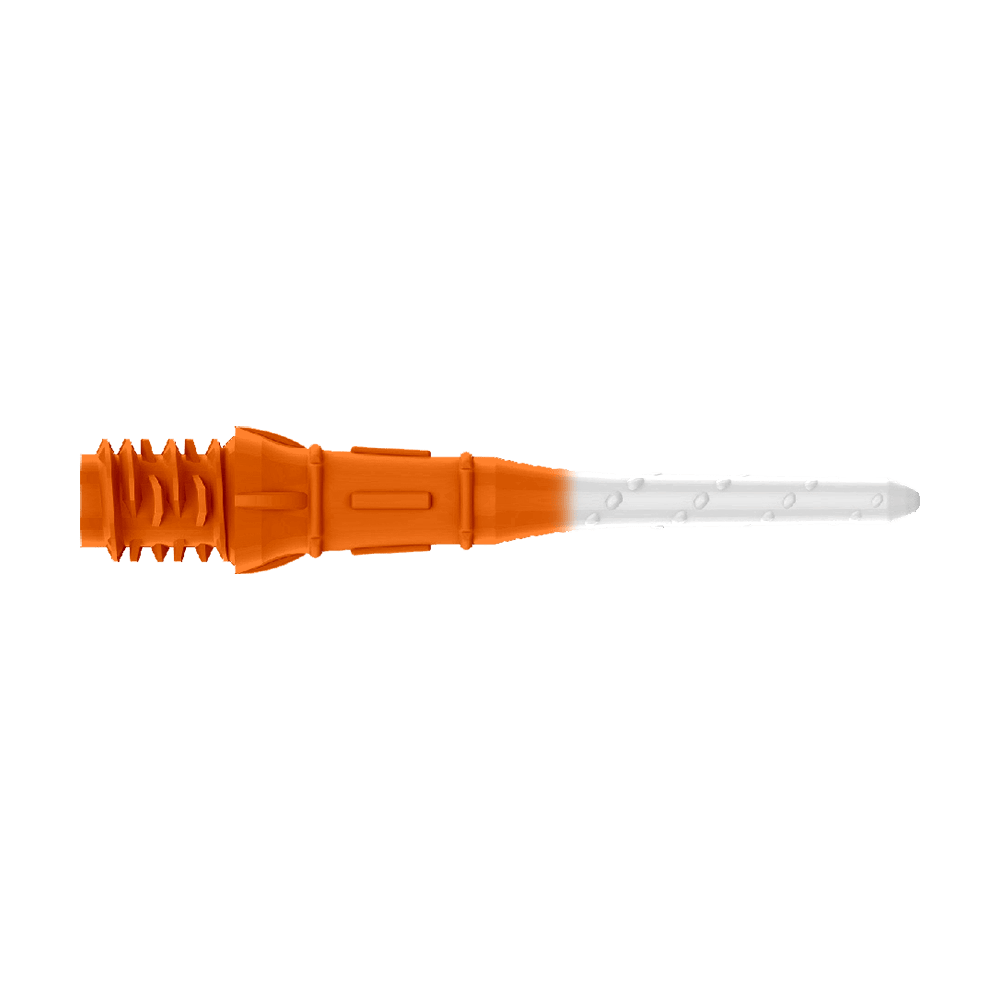 Labios de punta bicolor premium estilo L (paquete de 30) Das Bild zeigt eine zweifarbige Kunststoffspitze, die auf einer Seite orange und auf der anderen weiß ist. Es handelt sich um eine Ersatzspitze für ein elektronisches Dart.