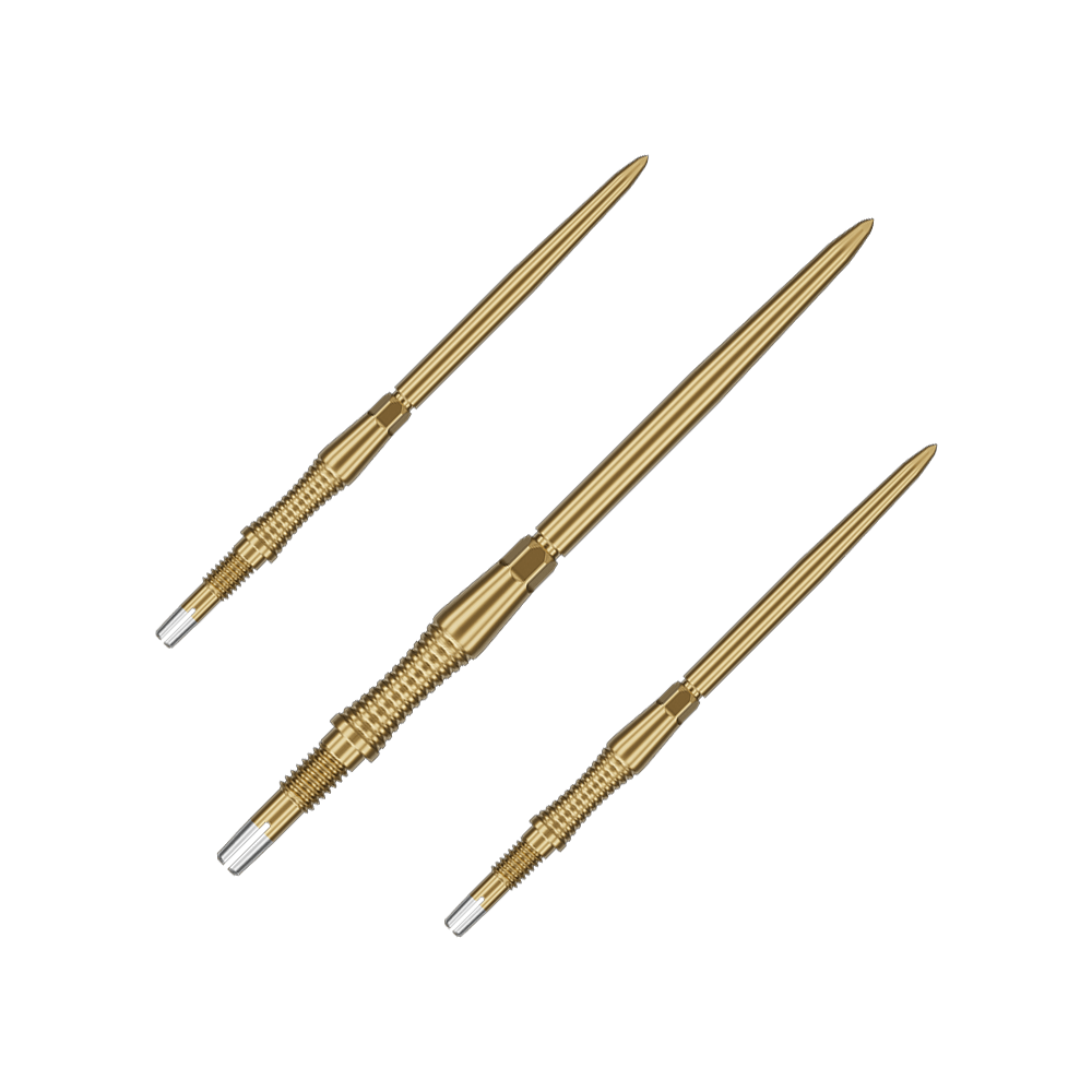 Puntas de dardos Target Swiss Point Signature RST - Oro Das Bild zeigt ein Set von Target Swiss Point Dartspitzen Signature RST in Gold, 42mm. Das Set enthält mehrere identische Dartspitzen mit strukturierter Oberfläche.