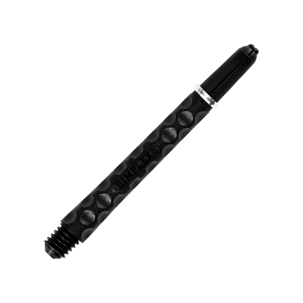 HR322_Harrows_Dimplex_Shafts_Schwarz_48mm_2 Das Bild zeigt einen schwarzen Dartshaft mit Noppenstruktur. Auf dem Schaft steht das Wort "Dimplex" eingeprägt.