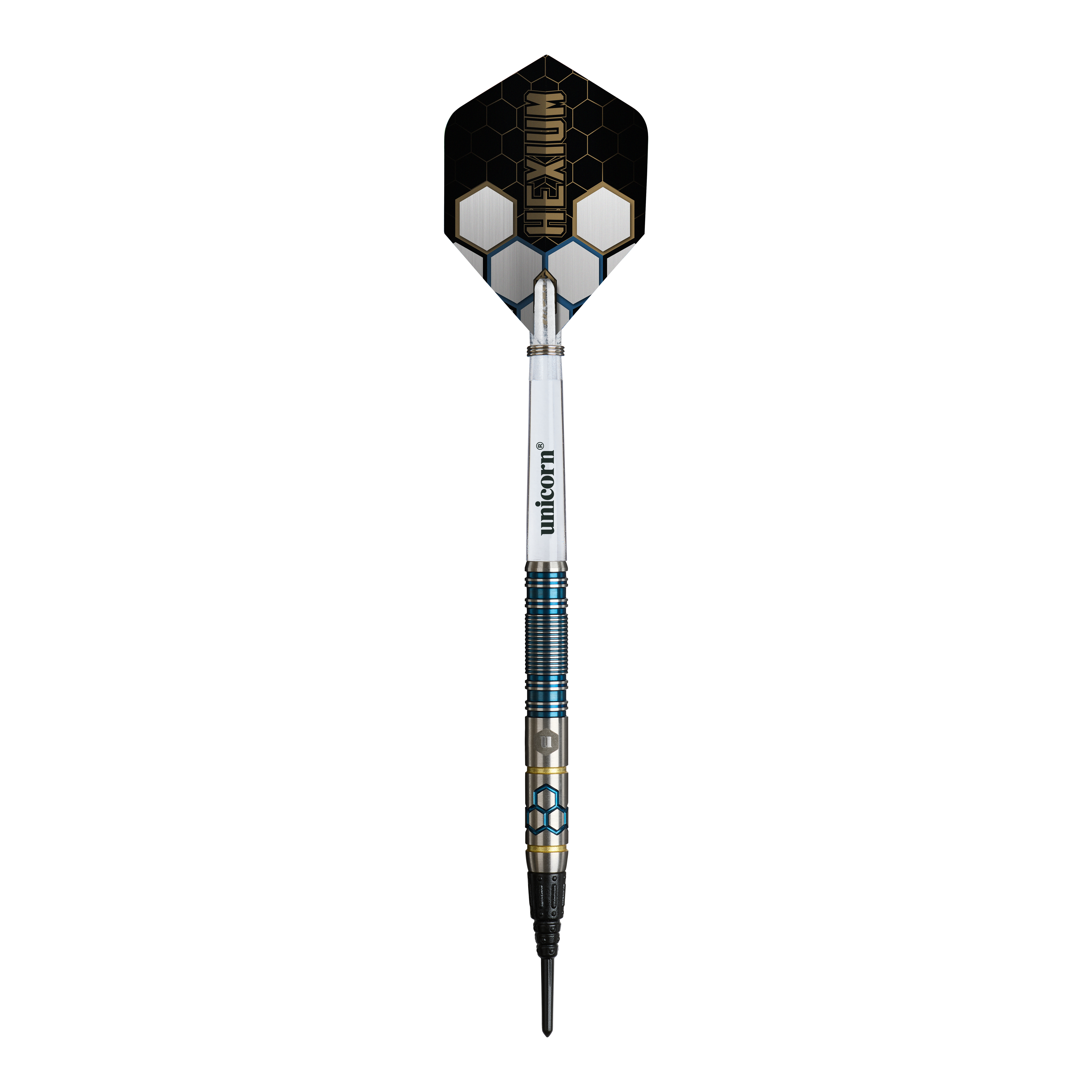 Dardos blandos Unicorn Hexium Style 02 azules y dorados - 21 g Hier sieht man die Unicorn Hexium Style 02 Blue & Gold Softdarts - 21g. Die Darts sind in Blau und Gold gehalten.
