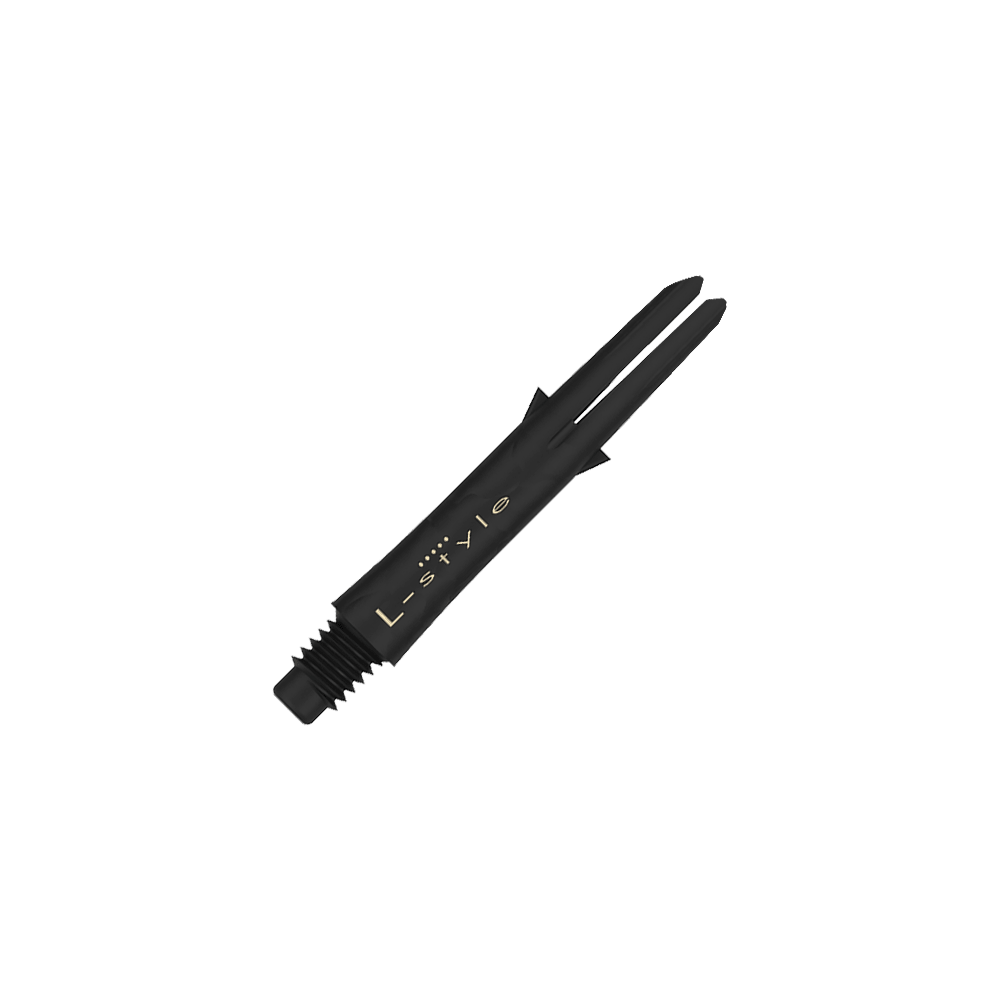 Ejes de carbono estilo L Das Bild zeigt einen schwarzen Carbon-Dartshaft ohne Kappen mit der Aufschrift "L-style". Der Schaft ist 32 mm lang und hat ein Schraubgewinde am Ende.