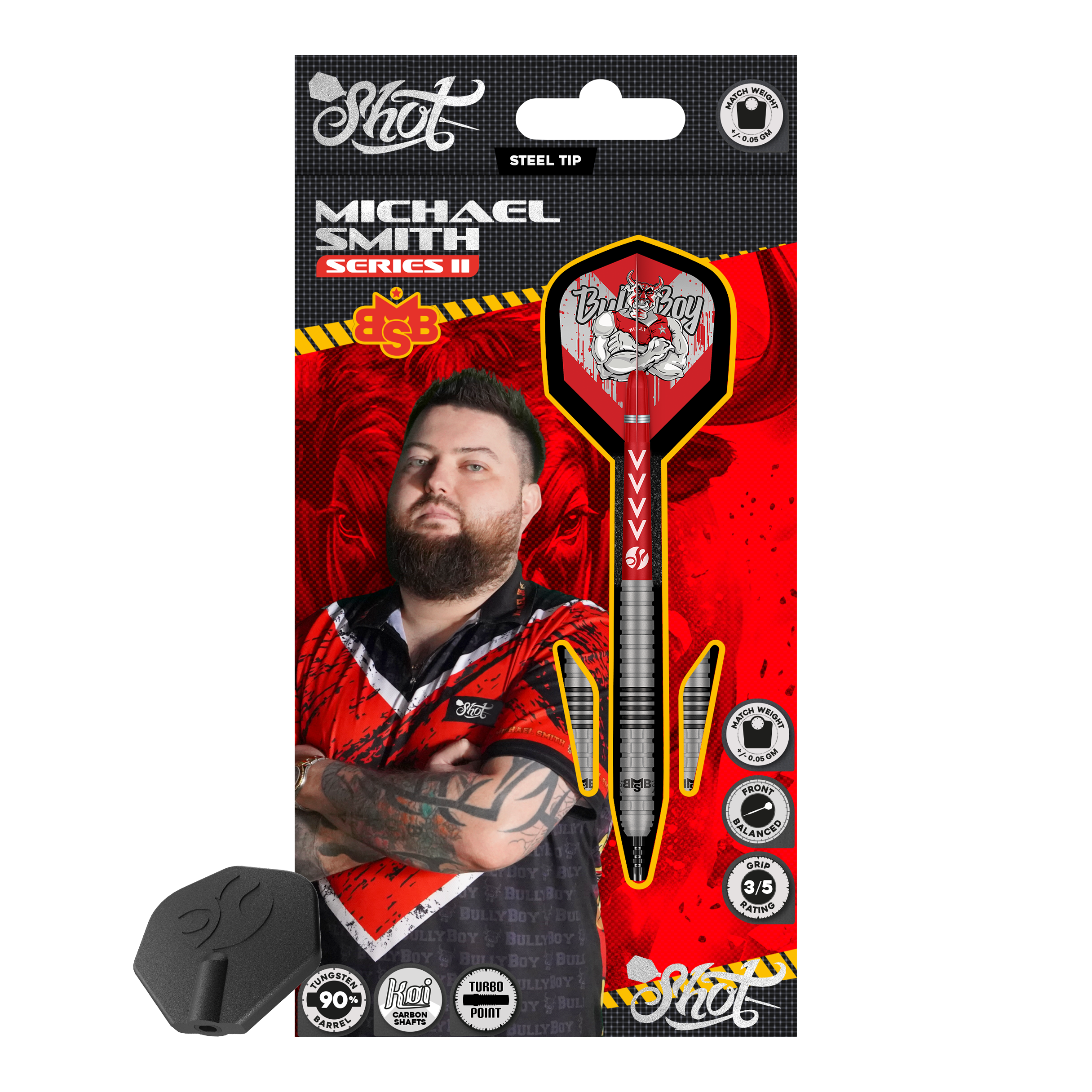 Dardos de acero Michael Smith Serie 2 Turbo Point Abgebildet sind die Shot Michael Smith Series 2 Turbo Point Steeldarts. Sie sind speziell für Präzision und Kontrolle beim Dartspielen entwickelt.