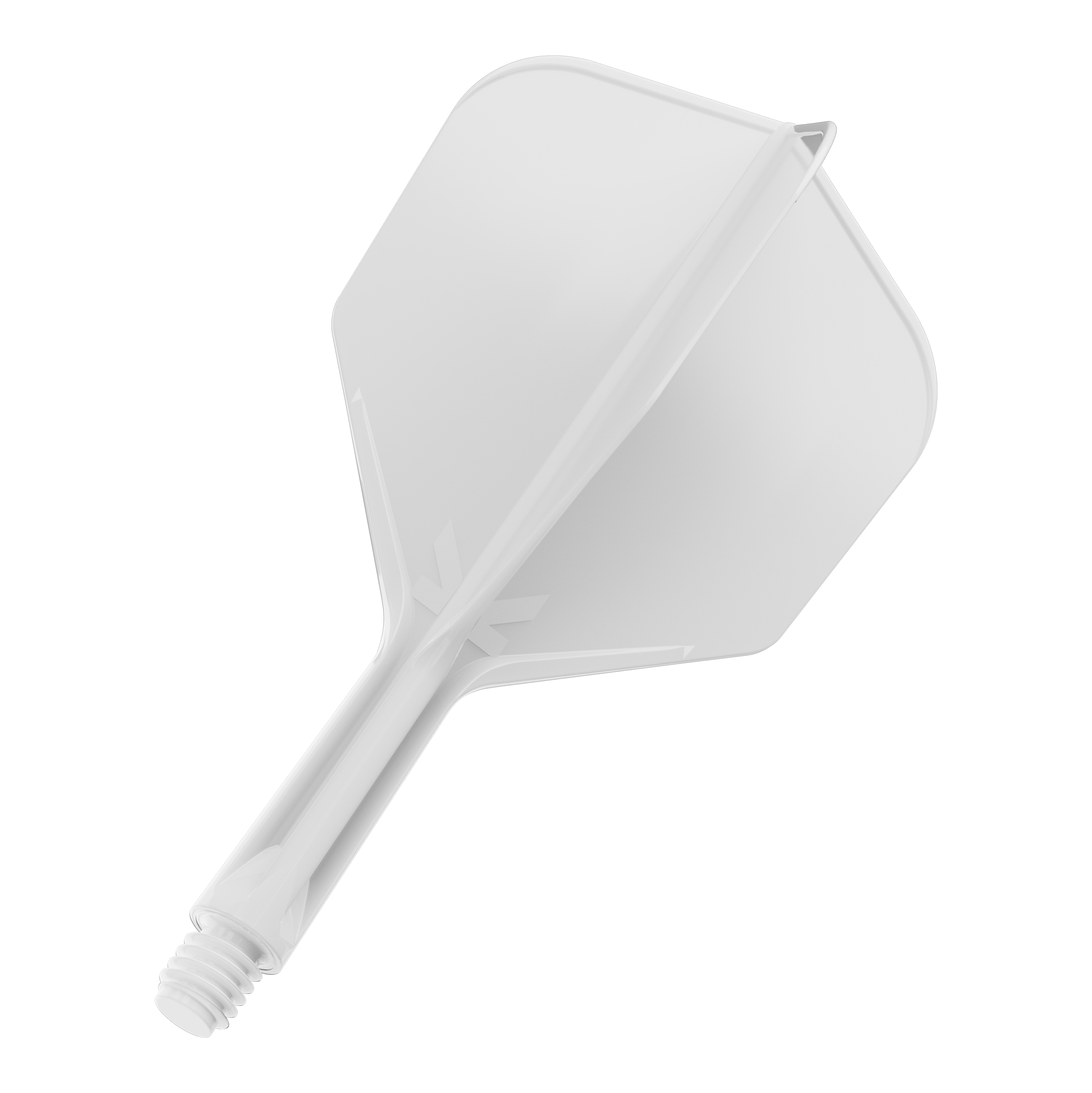 Sistema de vuelo Target K-Flex No6 - Blanco Das Bild zeigt ein weißes Dart-Flight-System mit integriertem Shaft. Es ist vor schwarzem Hintergrund abgebildet.