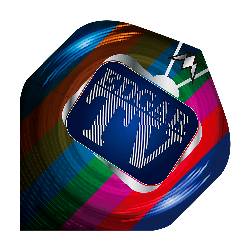 Misión Solo Matt Edgar No2 Vuelos Estándar Das Bild zeigt ein bunt gestaltetes Dart-Flight mit dem Aufdruck "EDGAR TV" in der Mitte. Es handelt sich um das Produkt "Mission Solo Matt Edgar No2 Standard Flights".