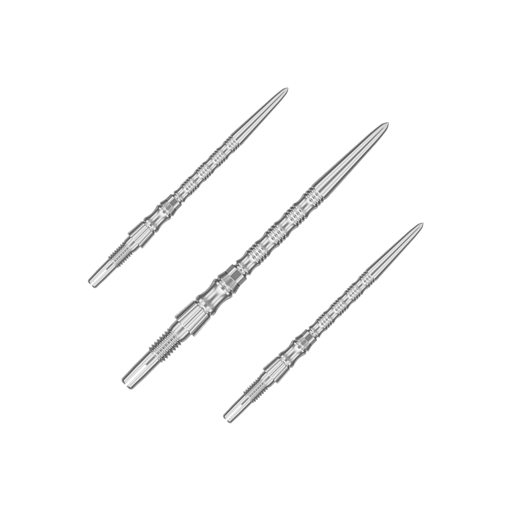 Puntas de dardo de acero Target Signature Swiss Point TRB - plateadas Silberne Dartspitzen mit einer Länge von 35 mm sind abgebildet. Das Bild zeigt ein Set der Target SwissPoint Signature TRB Dartspitzen.