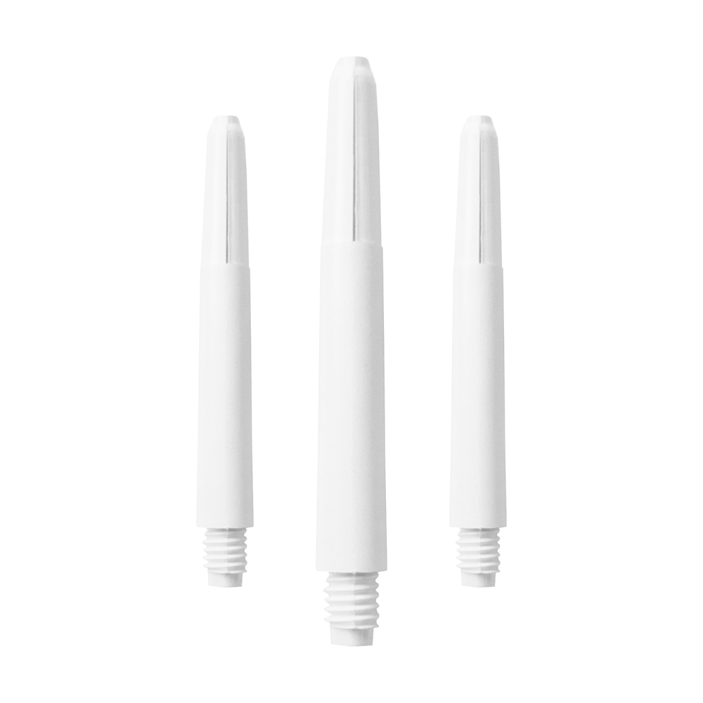 Das Bild zeigt drei schneeweiße Nylon-Schäfte. Sie sind zylinderförmig und haben an einem Ende ein Schraubgewinde.
