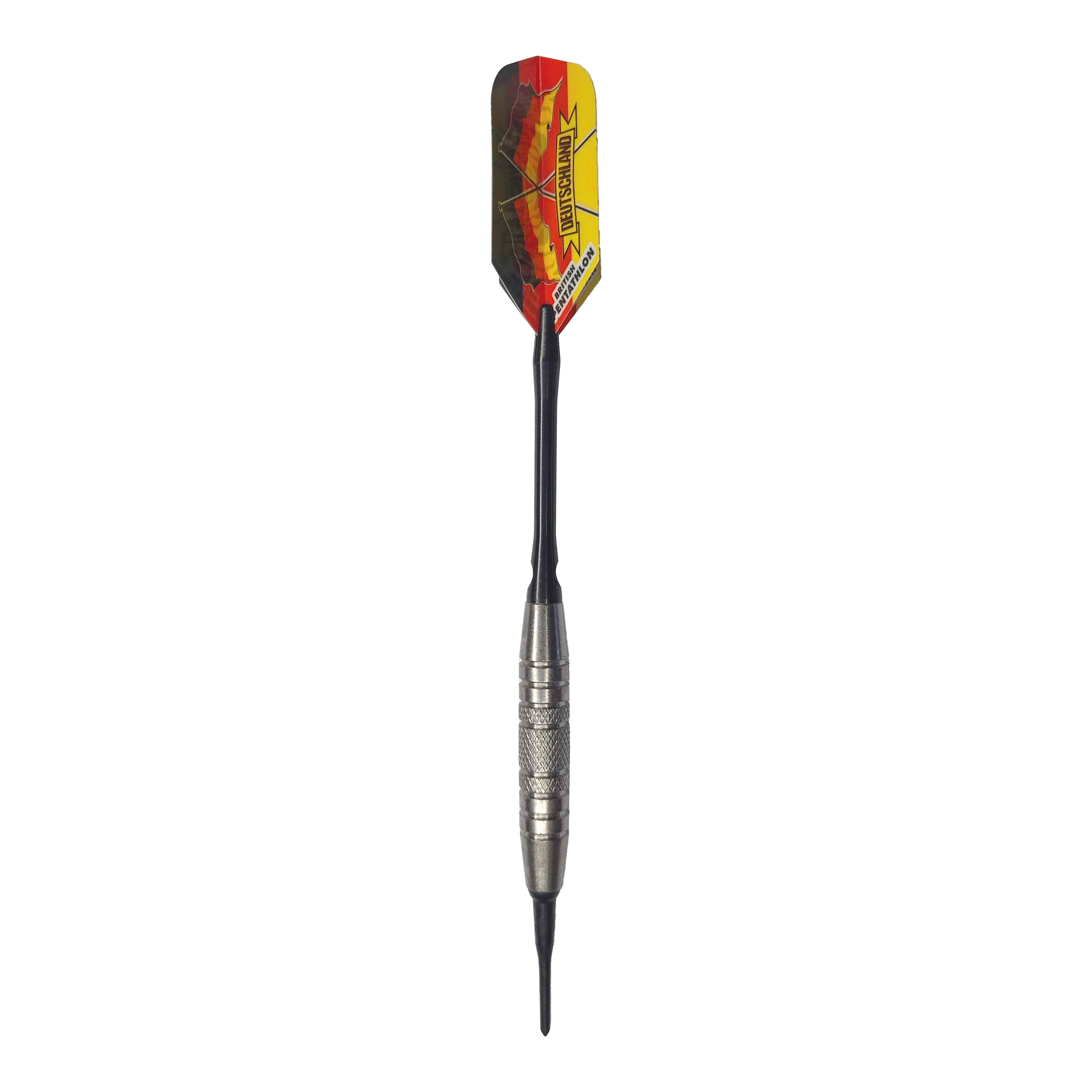 Dardos blandos McDart 85 Tungsten V6 - 16 g Dies ist ein Softdart des Modells "McDart 85er Tungsten V6" mit einem Gewicht von 16g. Der Dartpfeil hat eine rot-gelbe Flight mit der Aufschrift "DEUTSCHLAND".