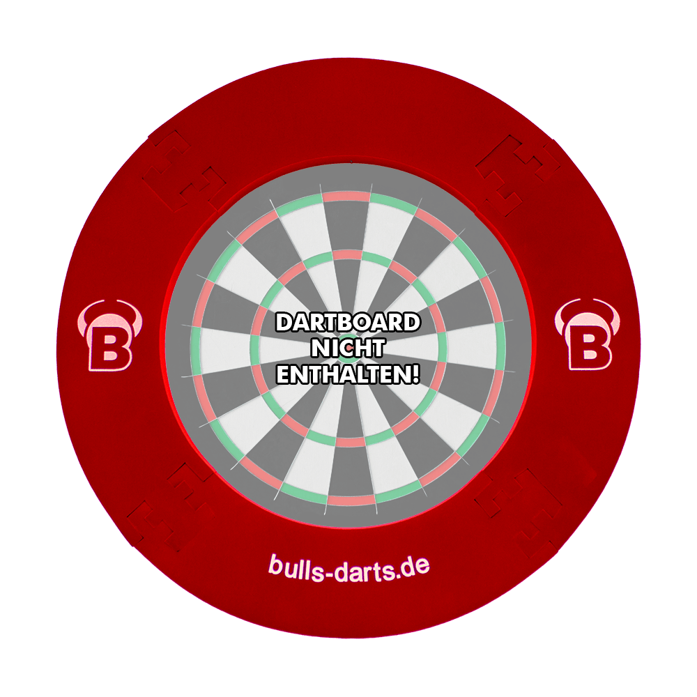 DBS3R_Bulls_Quarterback_Surround_Rot_1DiJpQZI2JAF0s Das Bild zeigt das Produkt "Quarterback Surround", einen roten Dartboard-Surround-Ring. In der Mitte steht der Hinweis "Dartboard nicht enthalten!"